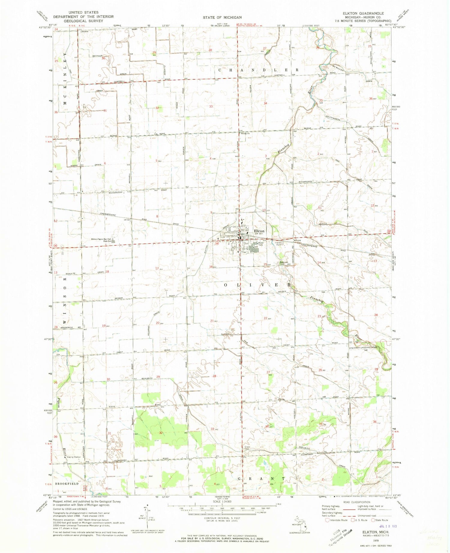 Classic USGS Elkton Michigan 7.5'x7.5' Topo Map Image