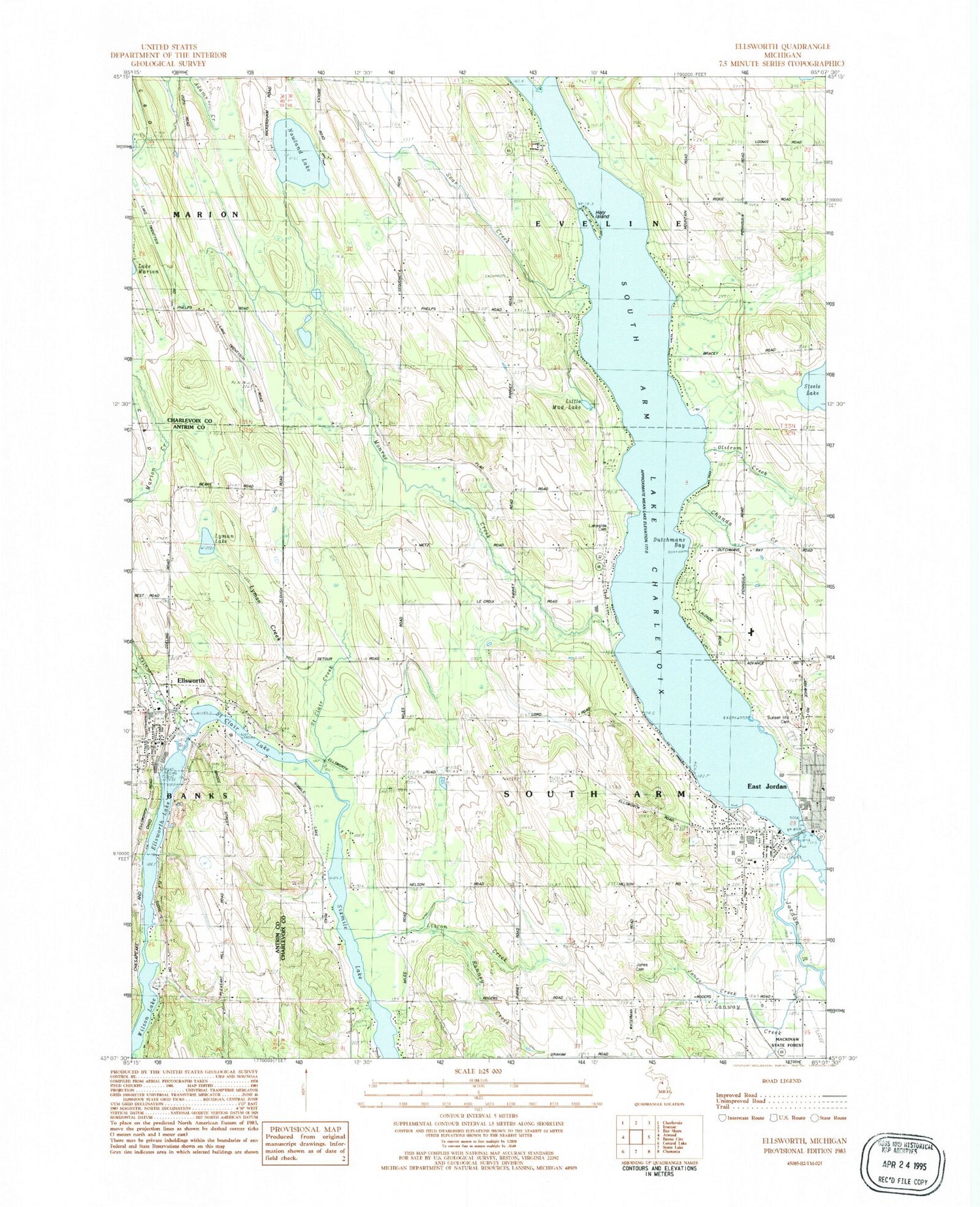 Classic USGS Ellsworth Michigan 7.5'x7.5' Topo Map Image