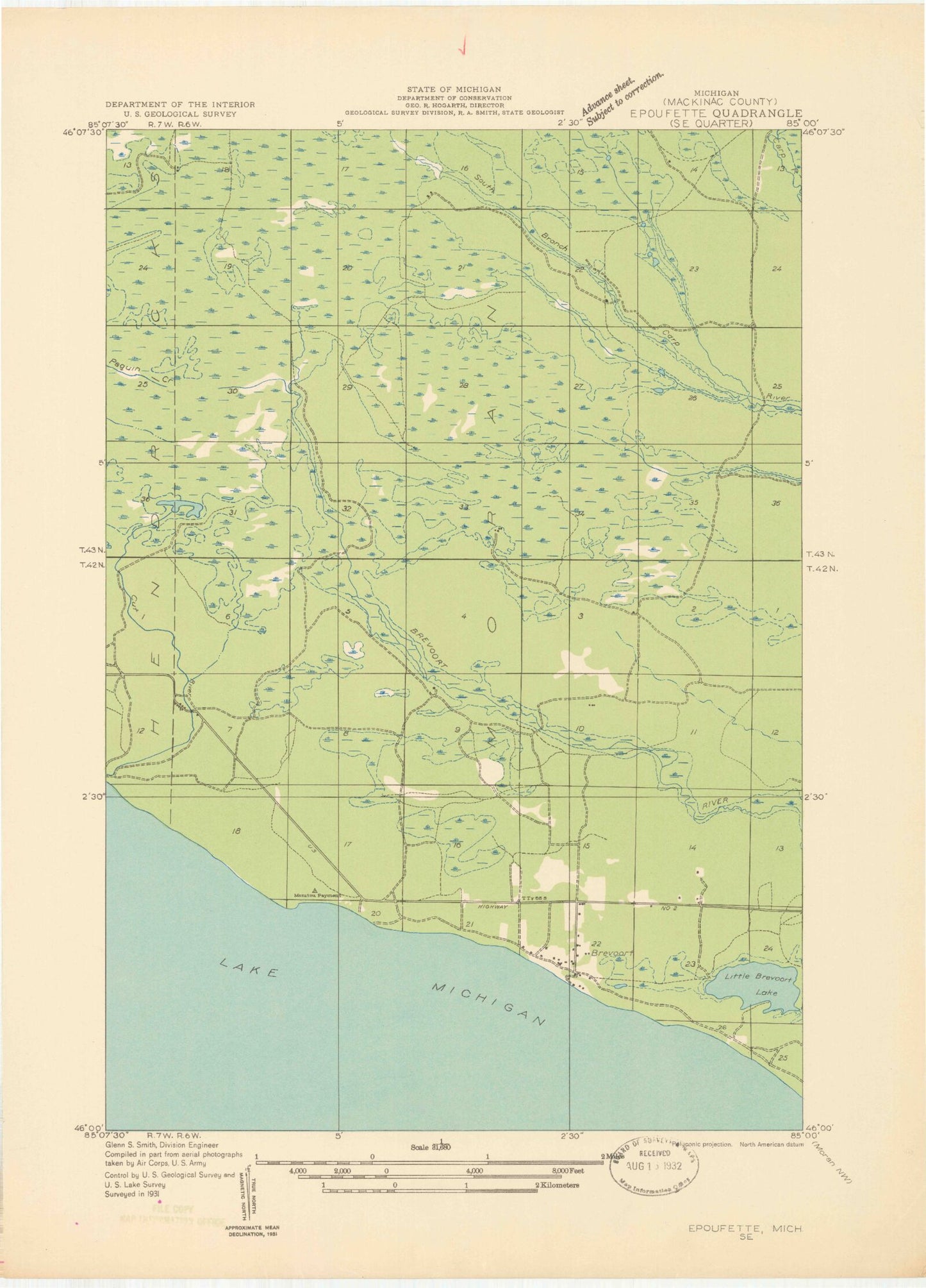 Classic USGS Brevort Michigan 7.5'x7.5' Topo Map Image