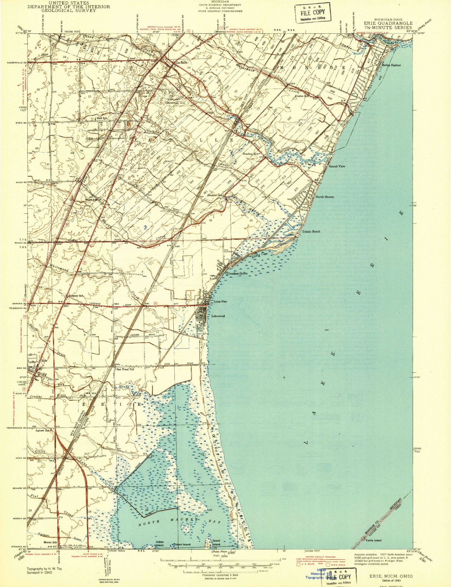 Classic USGS Erie Michigan 7.5'x7.5' Topo Map Image