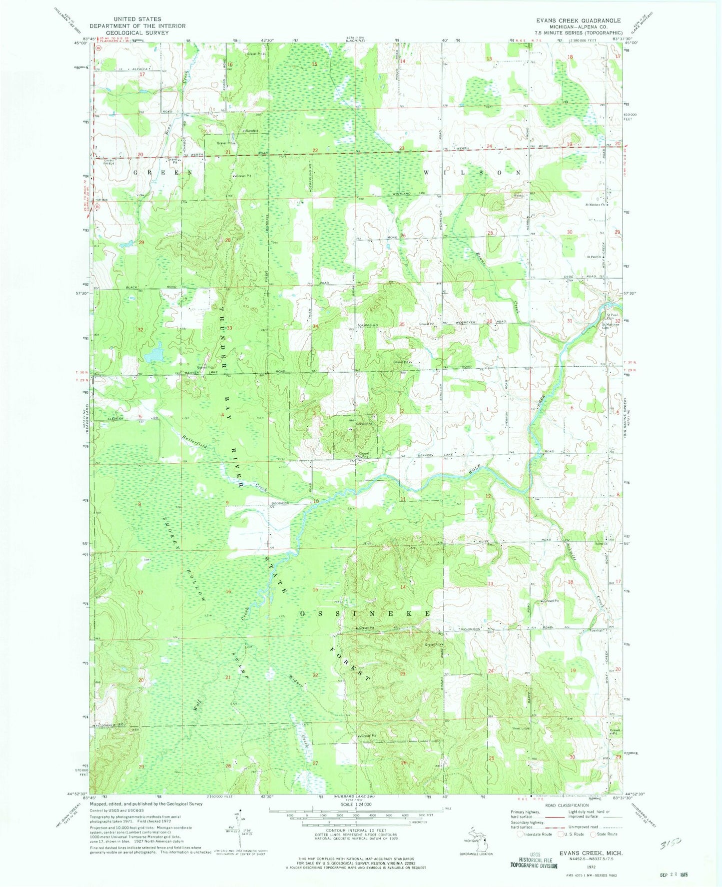Classic USGS Evans Creek Michigan 7.5'x7.5' Topo Map Image