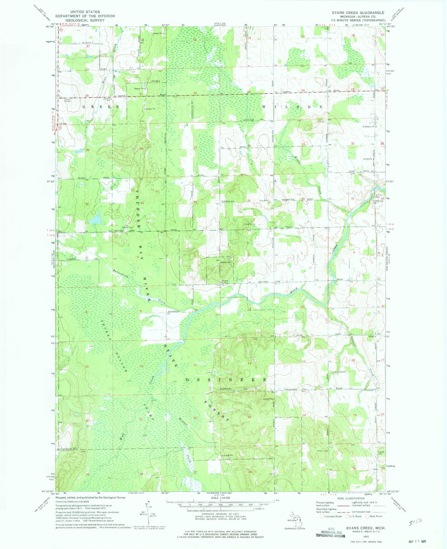 Classic USGS Evans Creek Michigan 7.5'x7.5' Topo Map Image