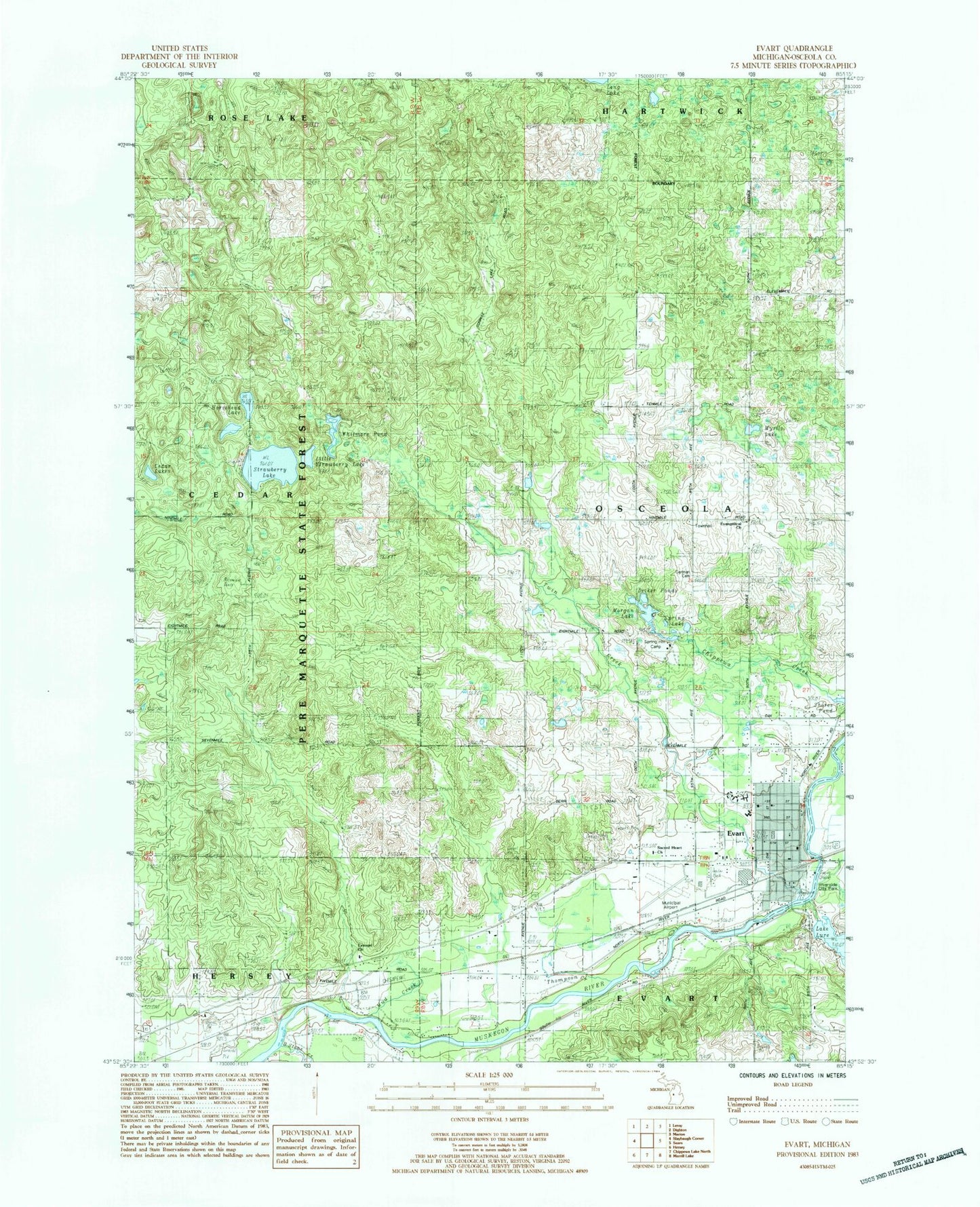 Classic USGS Evart Michigan 7.5'x7.5' Topo Map Image