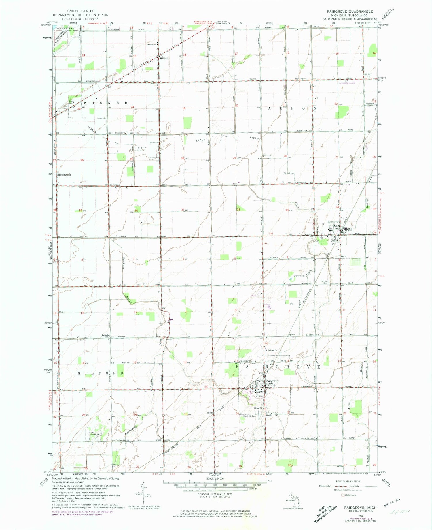 Classic USGS Fairgrove Michigan 7.5'x7.5' Topo Map Image