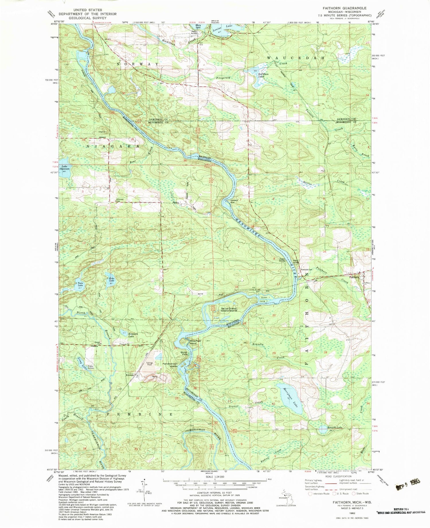 Classic USGS Faithorn Michigan 7.5'x7.5' Topo Map Image