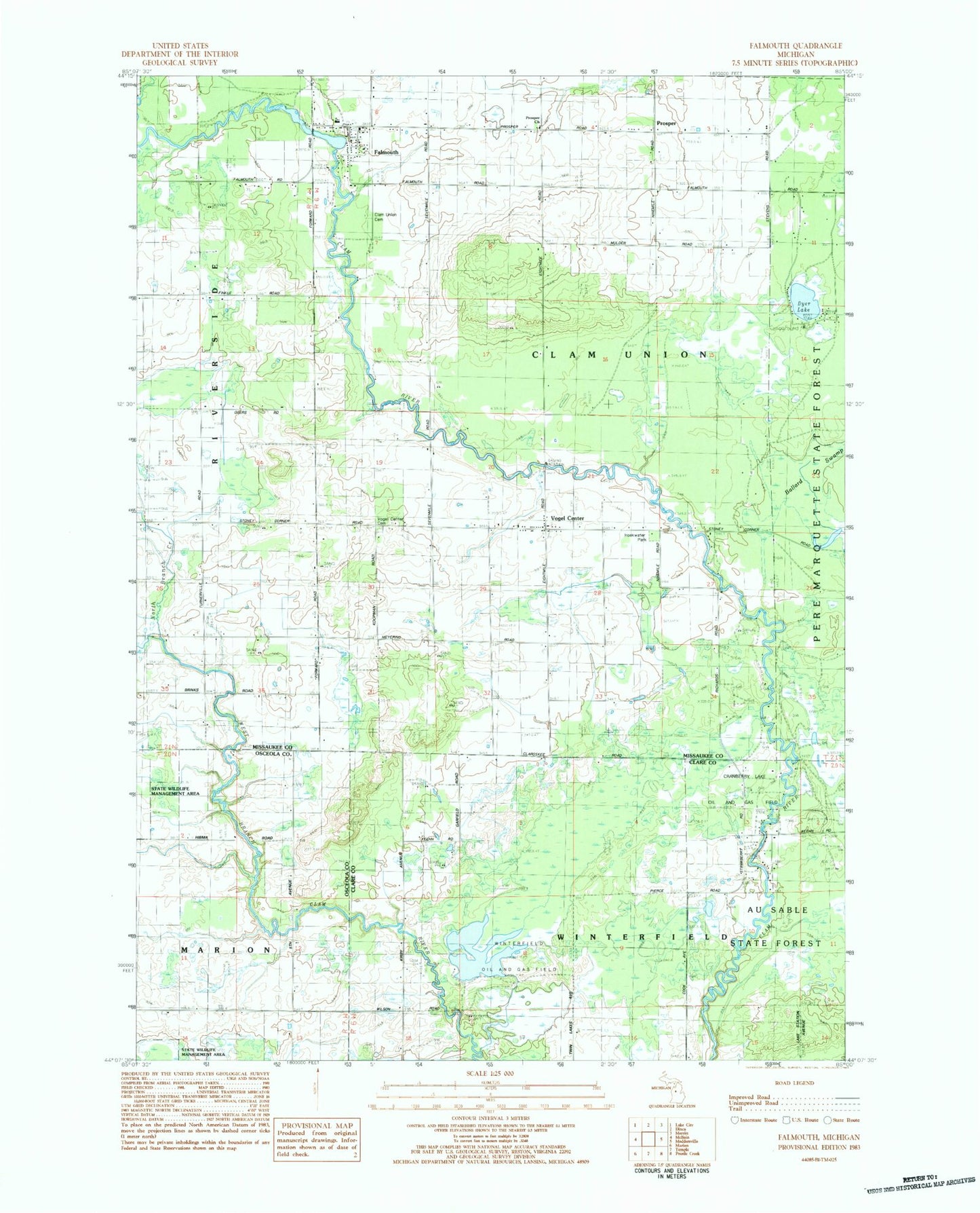 Classic USGS Falmouth Michigan 7.5'x7.5' Topo Map Image