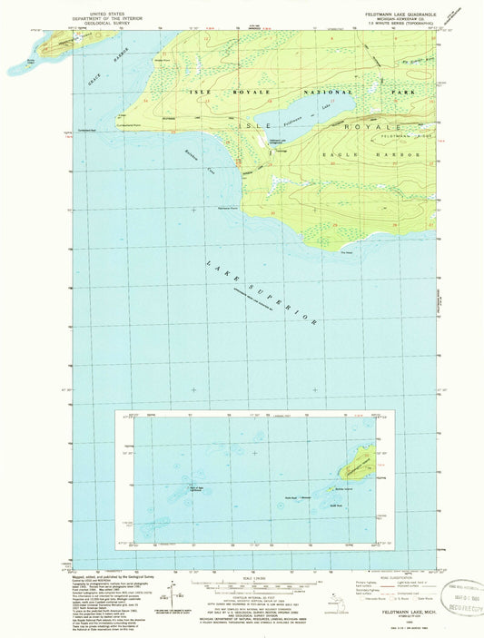 Classic USGS Feldtmann Lake Michigan 7.5'x7.5' Topo Map Image