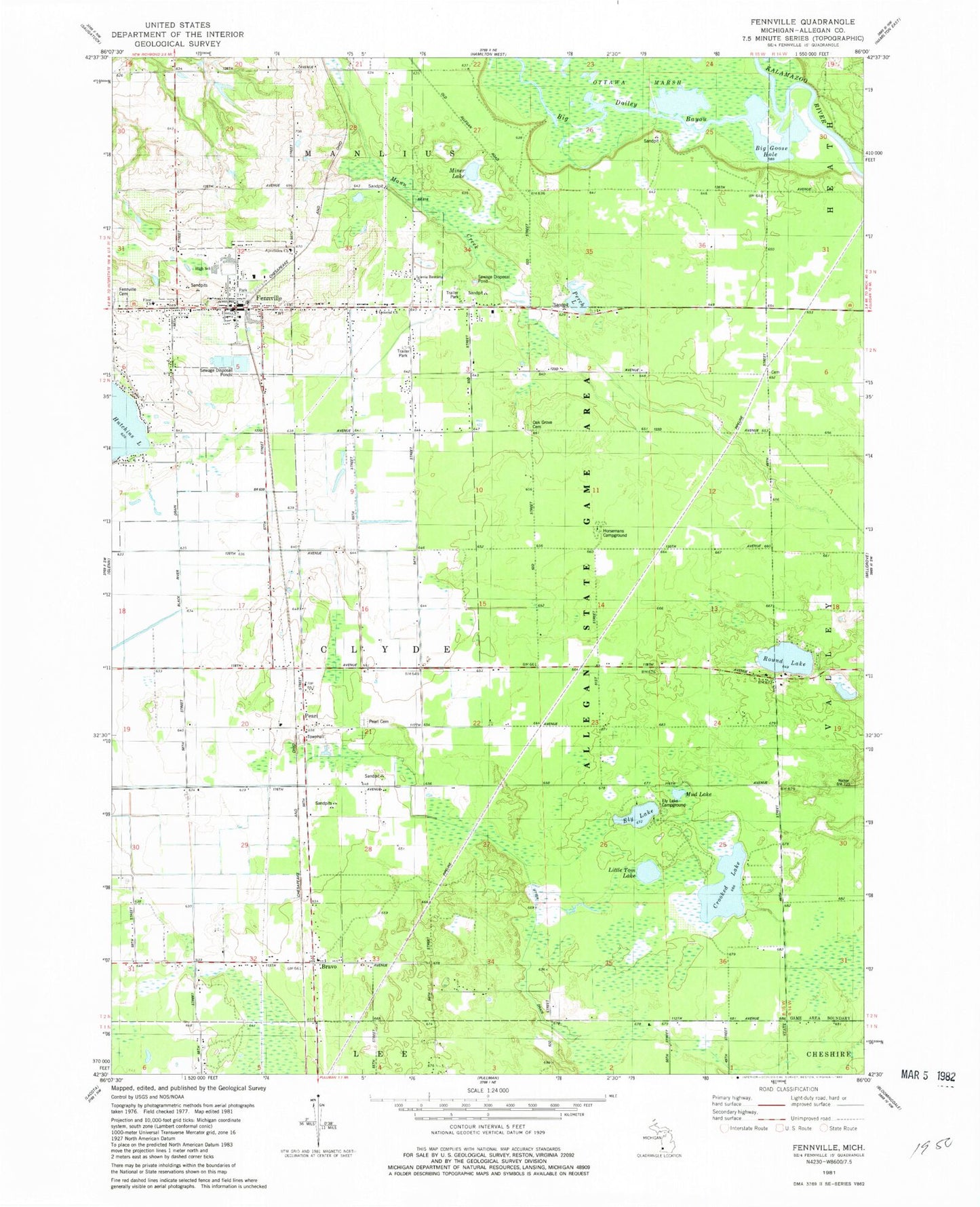 Classic USGS Fennville Michigan 7.5'x7.5' Topo Map Image