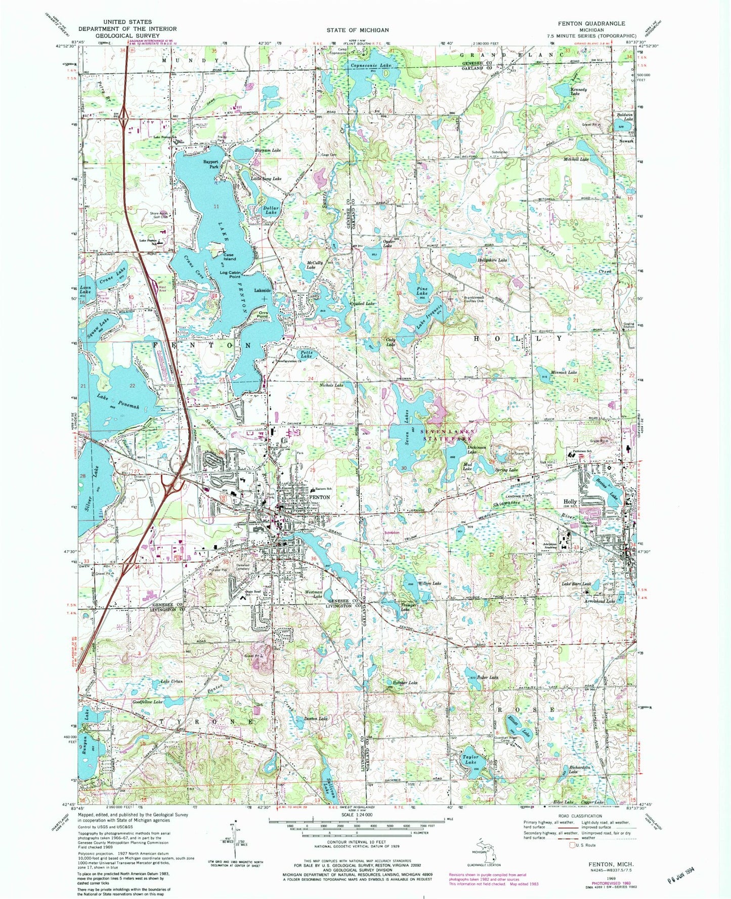 Classic USGS Fenton Michigan 7.5'x7.5' Topo Map Image