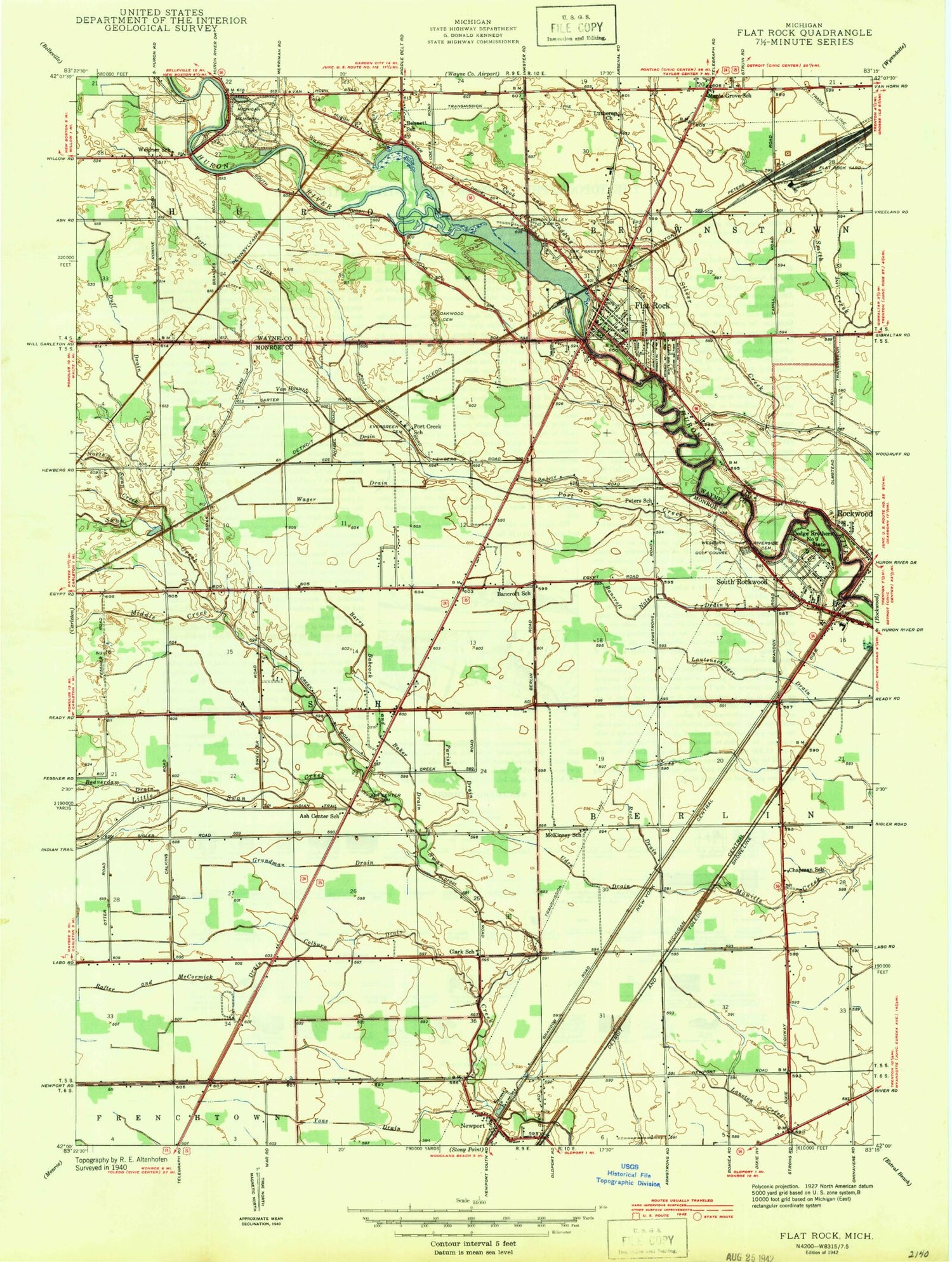 Classic USGS Flat Rock Michigan 7.5'x7.5' Topo Map Image