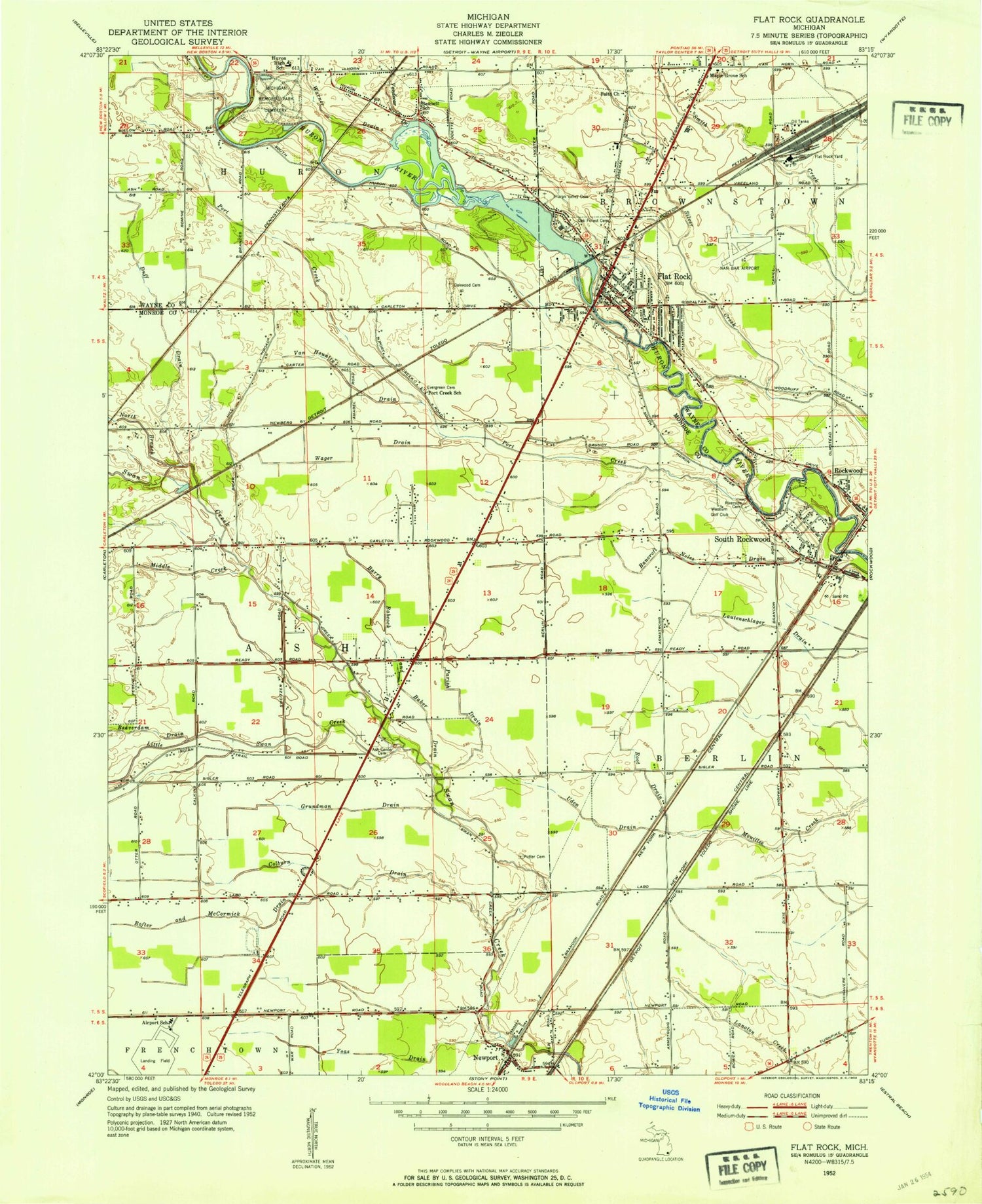 Classic USGS Flat Rock Michigan 7.5'x7.5' Topo Map Image