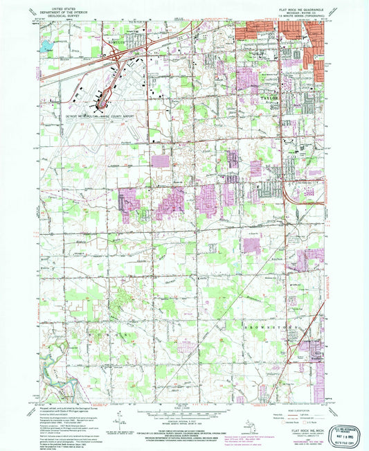 Classic USGS Flat Rock Michigan 7.5'x7.5' Topo Map Image