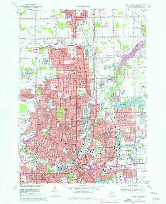 Classic USGS Flint North Michigan 7.5'x7.5' Topo Map Image