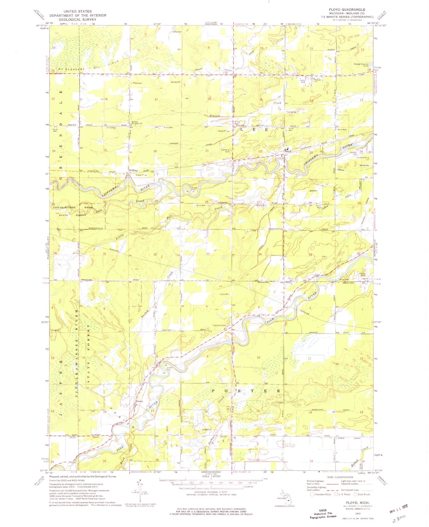 Classic USGS Floyd Michigan 7.5'x7.5' Topo Map Image
