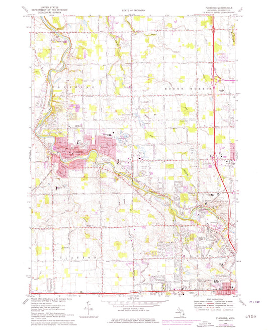 Classic USGS Flushing Michigan 7.5'x7.5' Topo Map Image