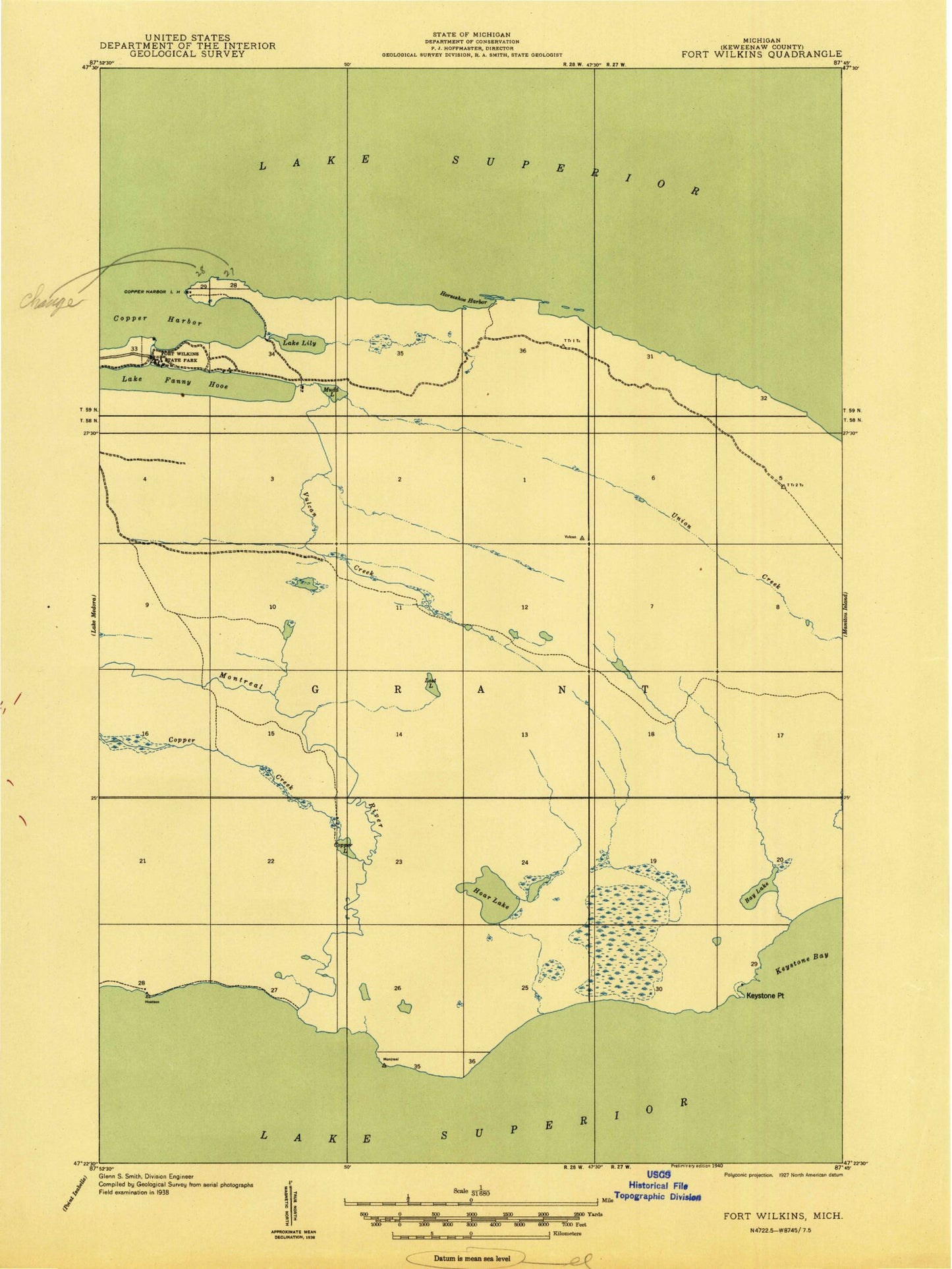 Classic USGS Fort Wilkins Michigan 7.5'x7.5' Topo Map Image