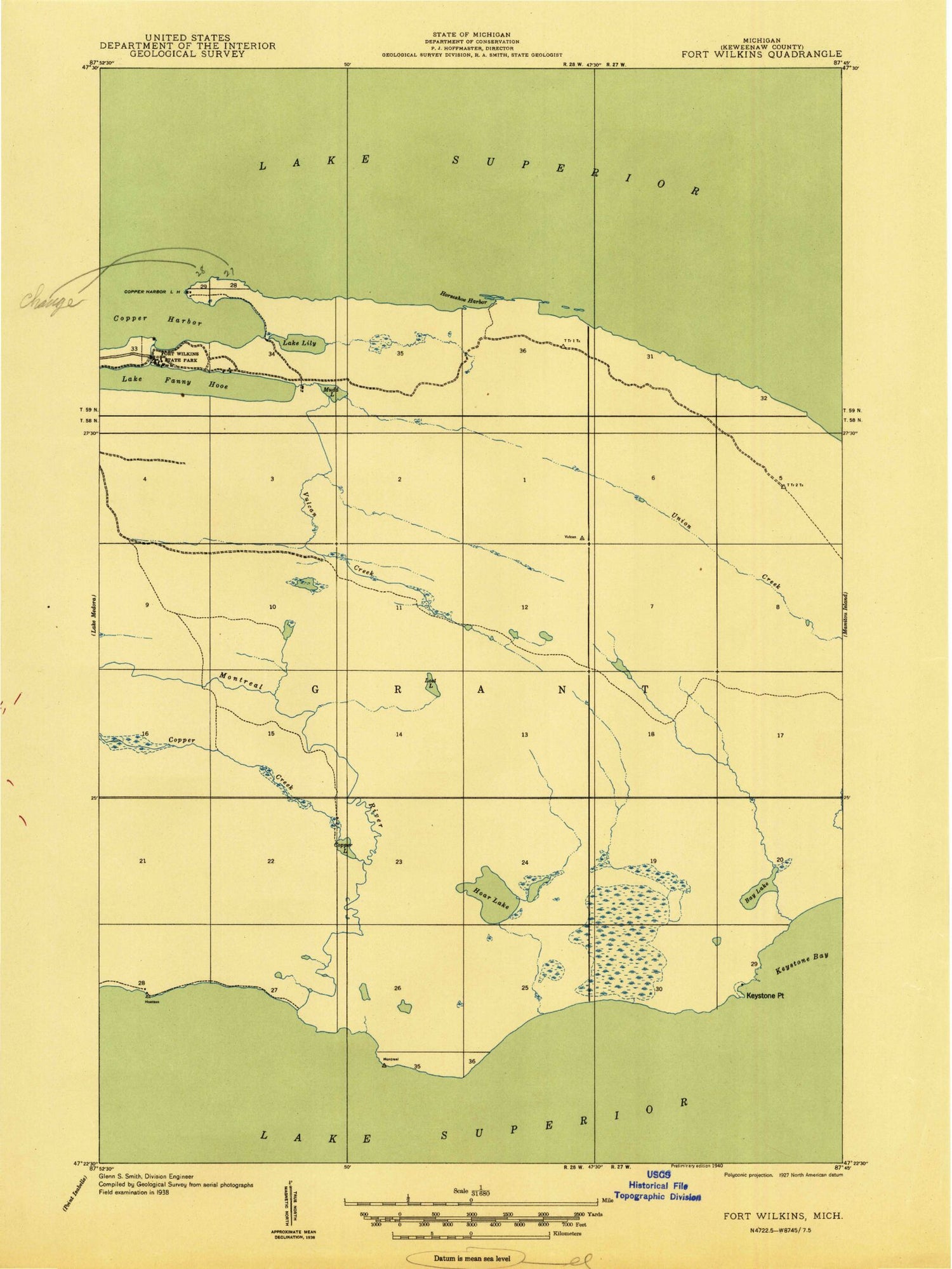 Classic USGS Fort Wilkins Michigan 7.5'x7.5' Topo Map Image