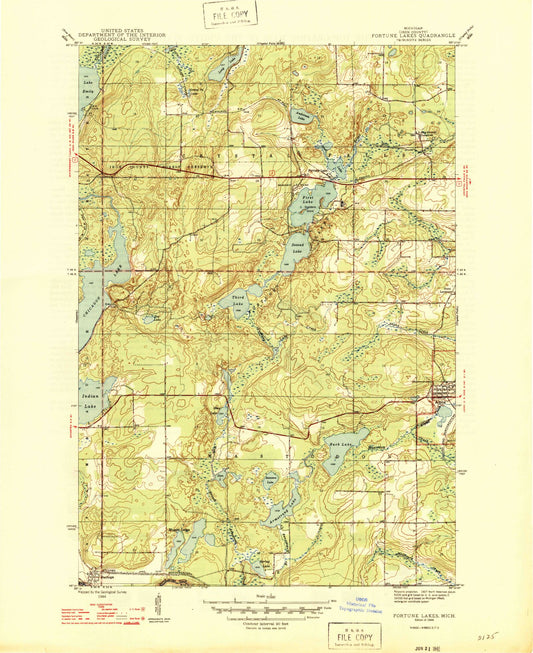Classic USGS Fortune Lakes Michigan 7.5'x7.5' Topo Map Image