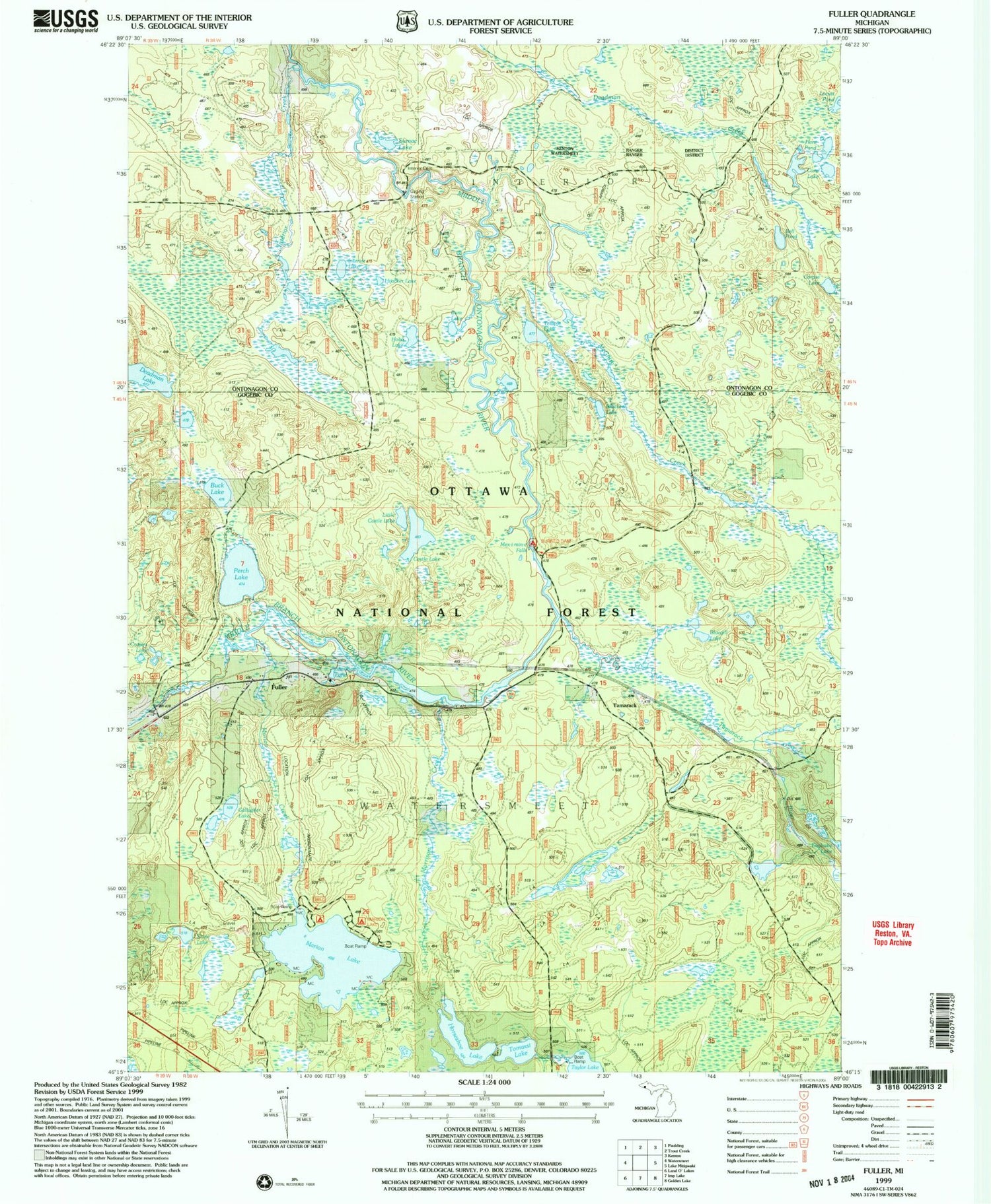 Classic USGS Fuller Michigan 7.5'x7.5' Topo Map Image