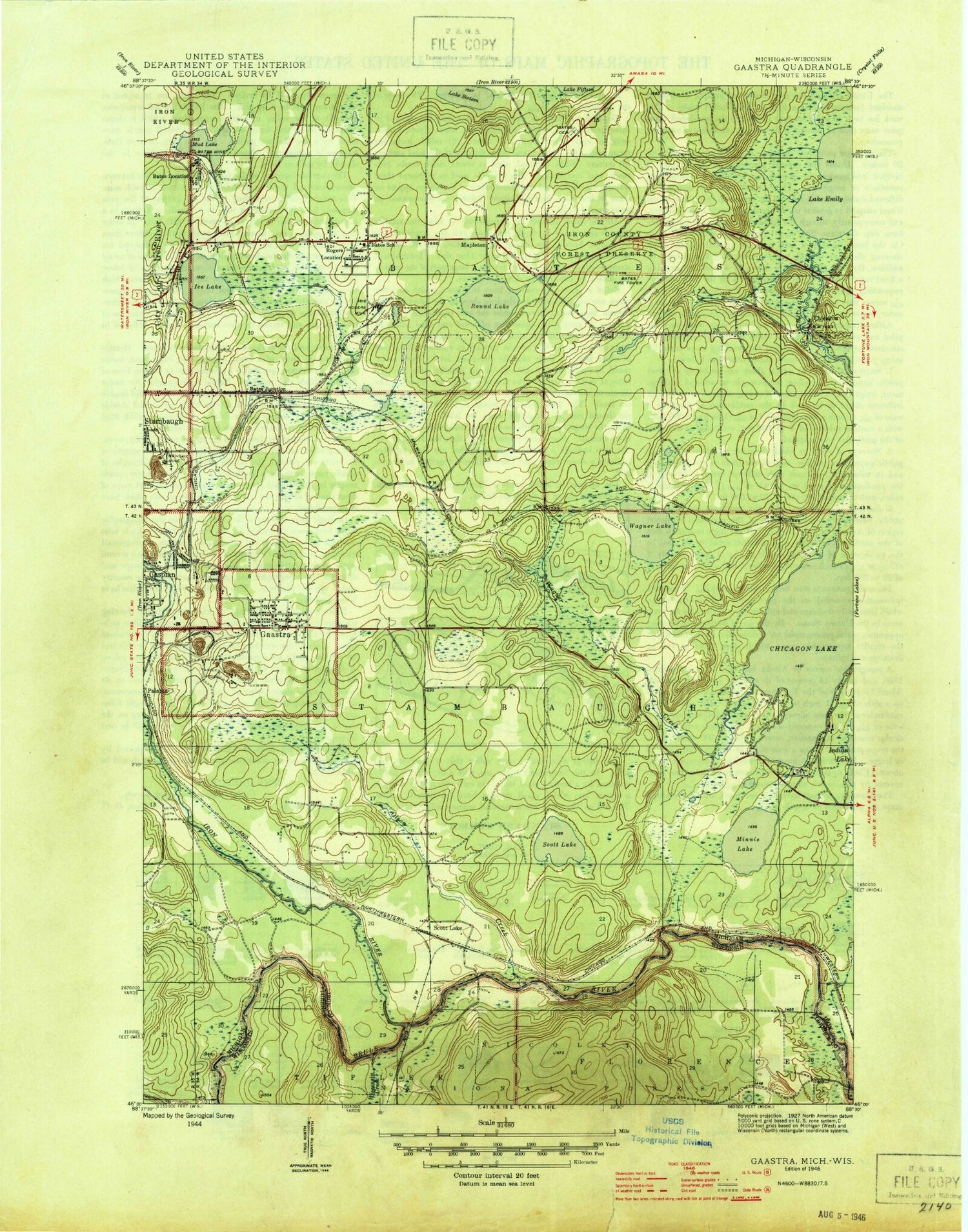 Classic USGS Gaastra Michigan 7.5'x7.5' Topo Map Image