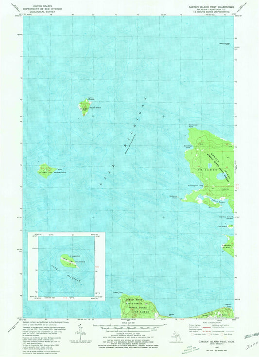 Classic USGS Garden Island West Michigan 7.5'x7.5' Topo Map Image