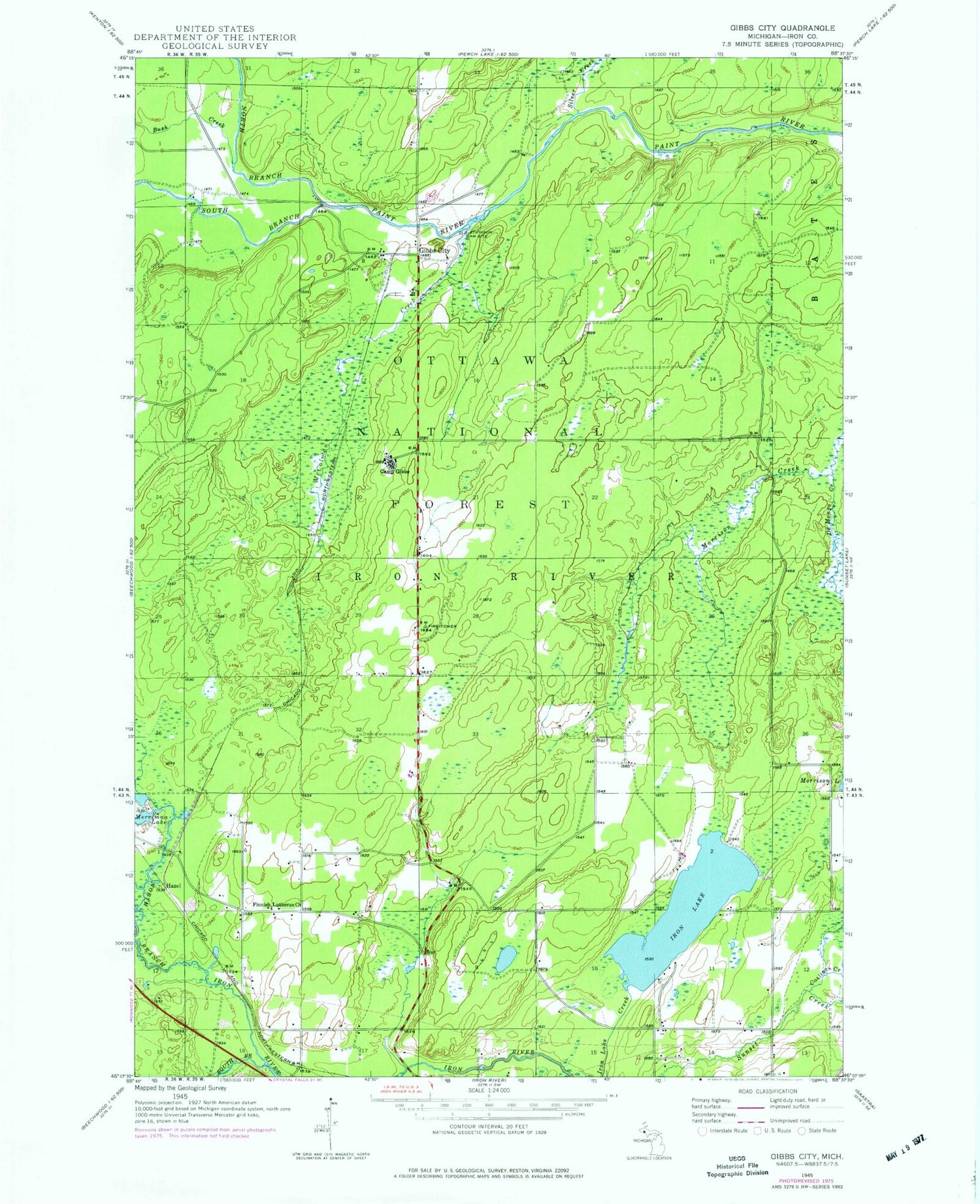Classic USGS Gibbs City Michigan 7.5'x7.5' Topo Map Image