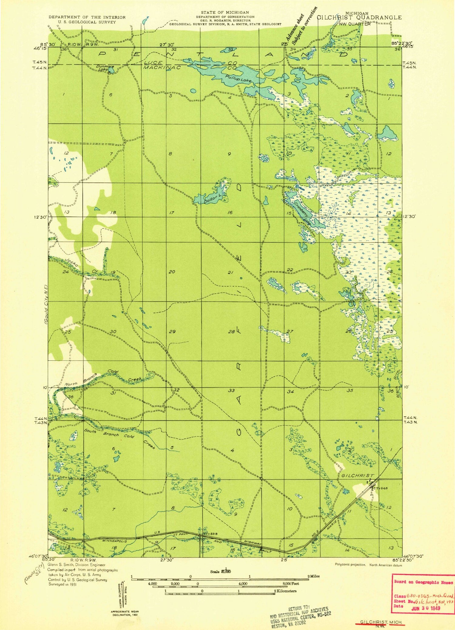 Classic USGS Gilchrist Michigan 7.5'x7.5' Topo Map Image