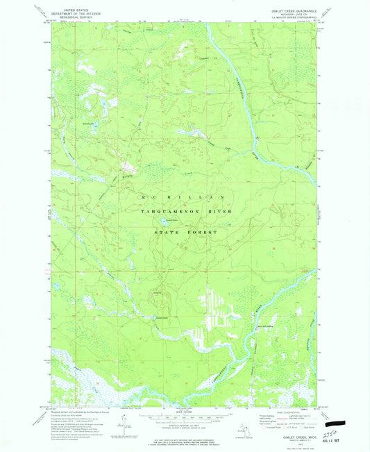 Classic USGS Gimlet Creek Michigan 7.5'x7.5' Topo Map Image