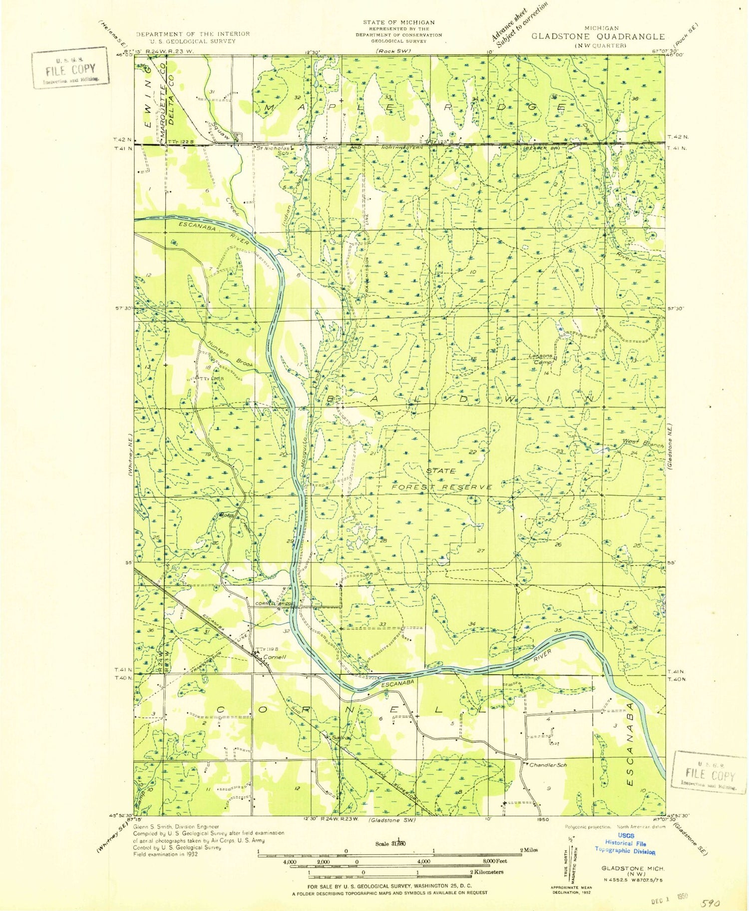 Classic USGS Cornell Michigan 7.5'x7.5' Topo Map Image