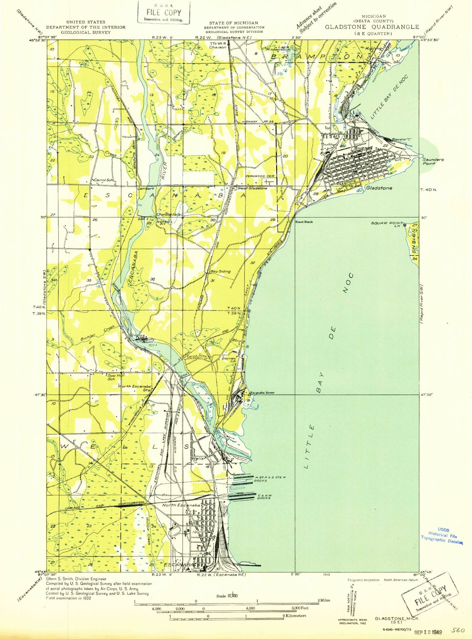 Classic USGS Gladstone Michigan 7.5'x7.5' Topo Map Image