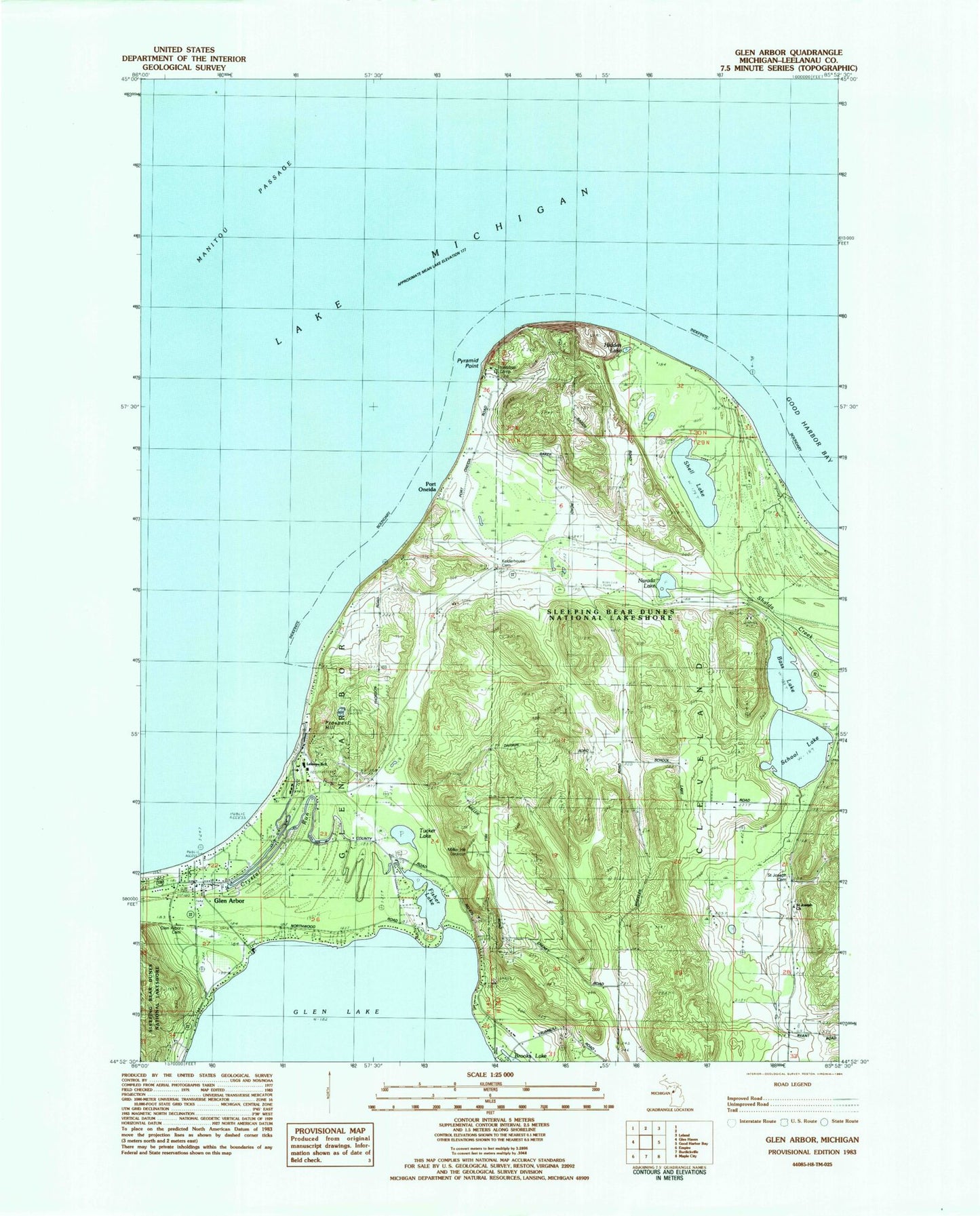 Classic USGS Glen Arbor Michigan 7.5'x7.5' Topo Map Image