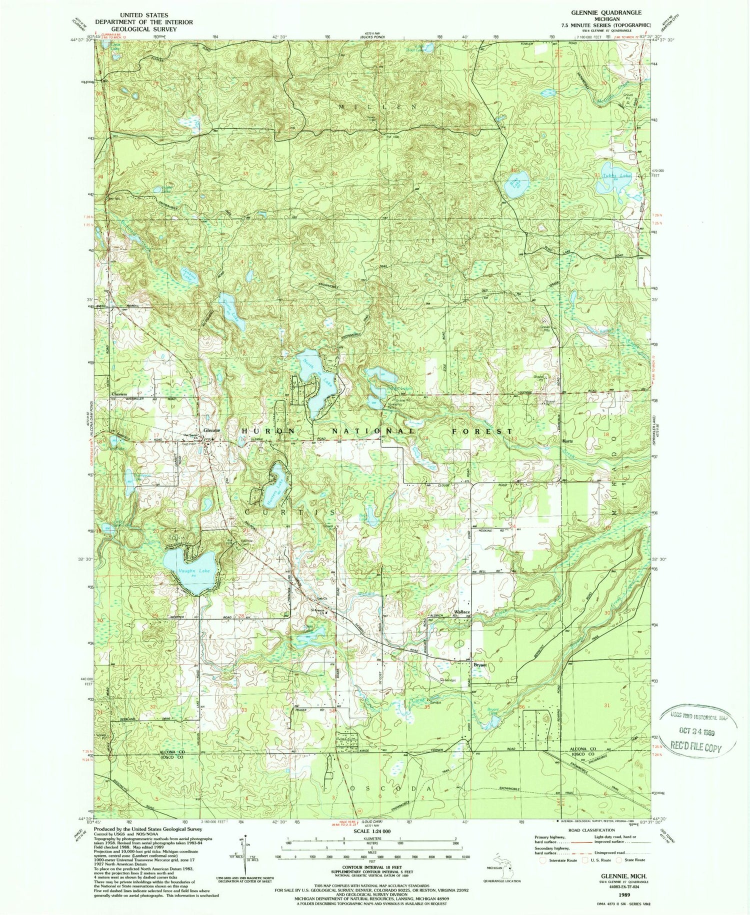 Classic USGS Glennie Michigan 7.5'x7.5' Topo Map Image