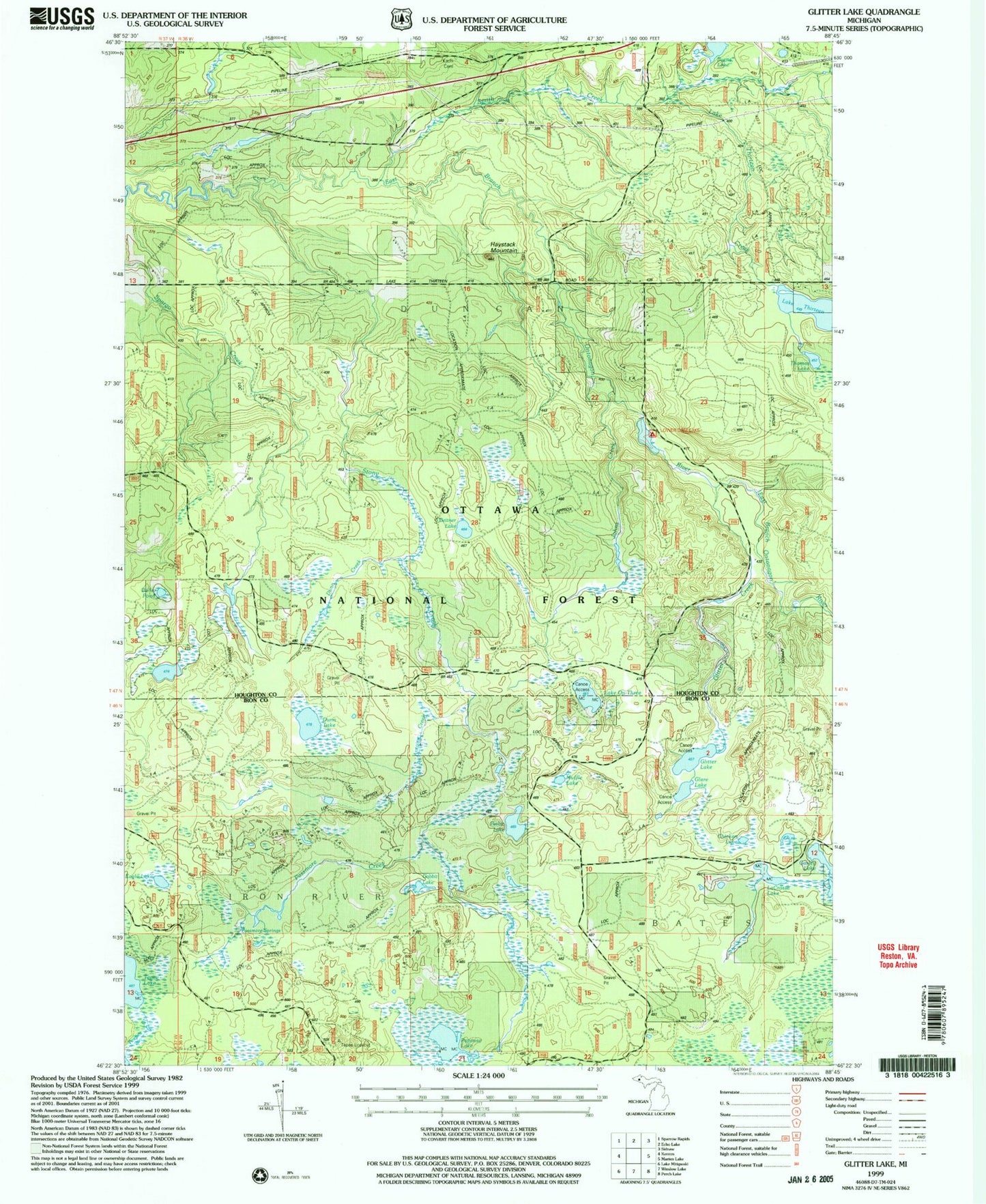Classic USGS Glitter Lake Michigan 7.5'x7.5' Topo Map Image