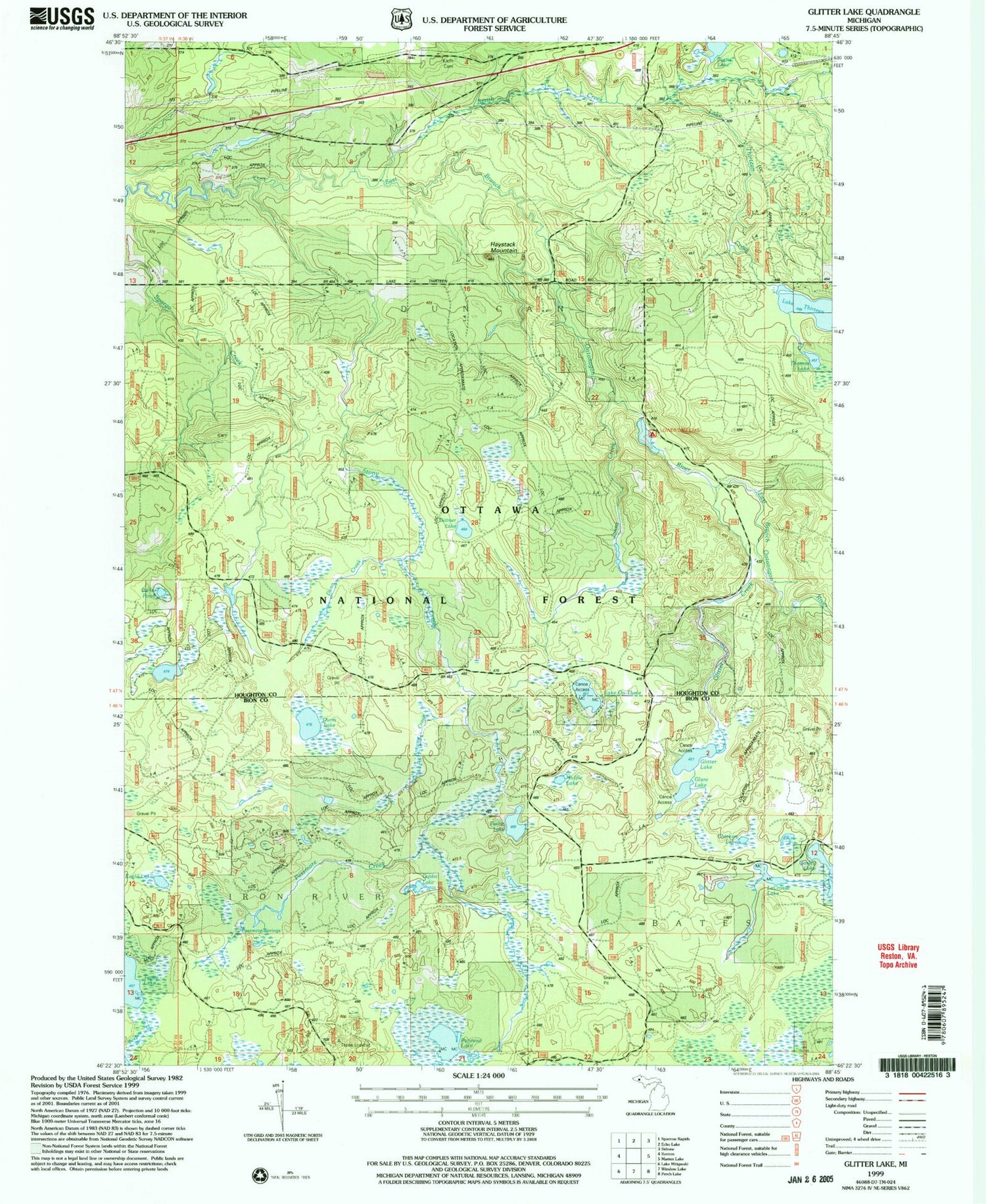 Classic USGS Glitter Lake Michigan 7.5'x7.5' Topo Map Image