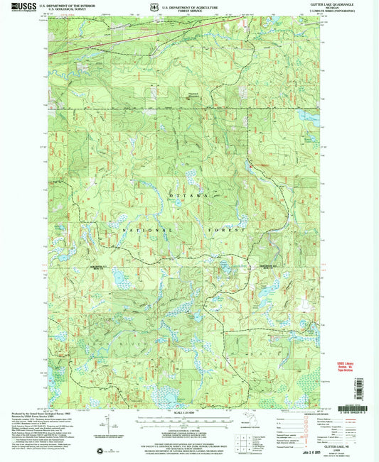 Classic USGS Glitter Lake Michigan 7.5'x7.5' Topo Map Image