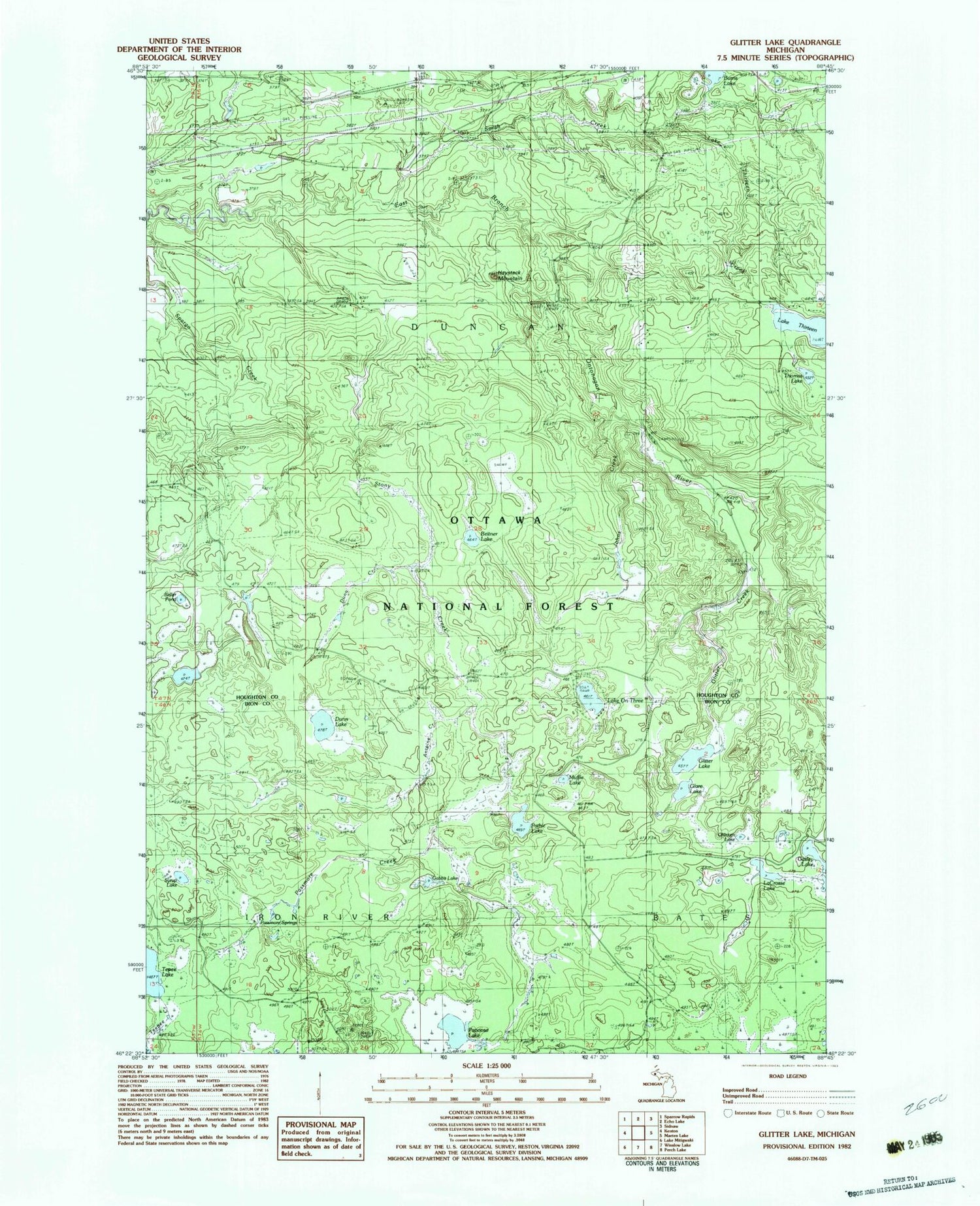 Classic USGS Glitter Lake Michigan 7.5'x7.5' Topo Map Image