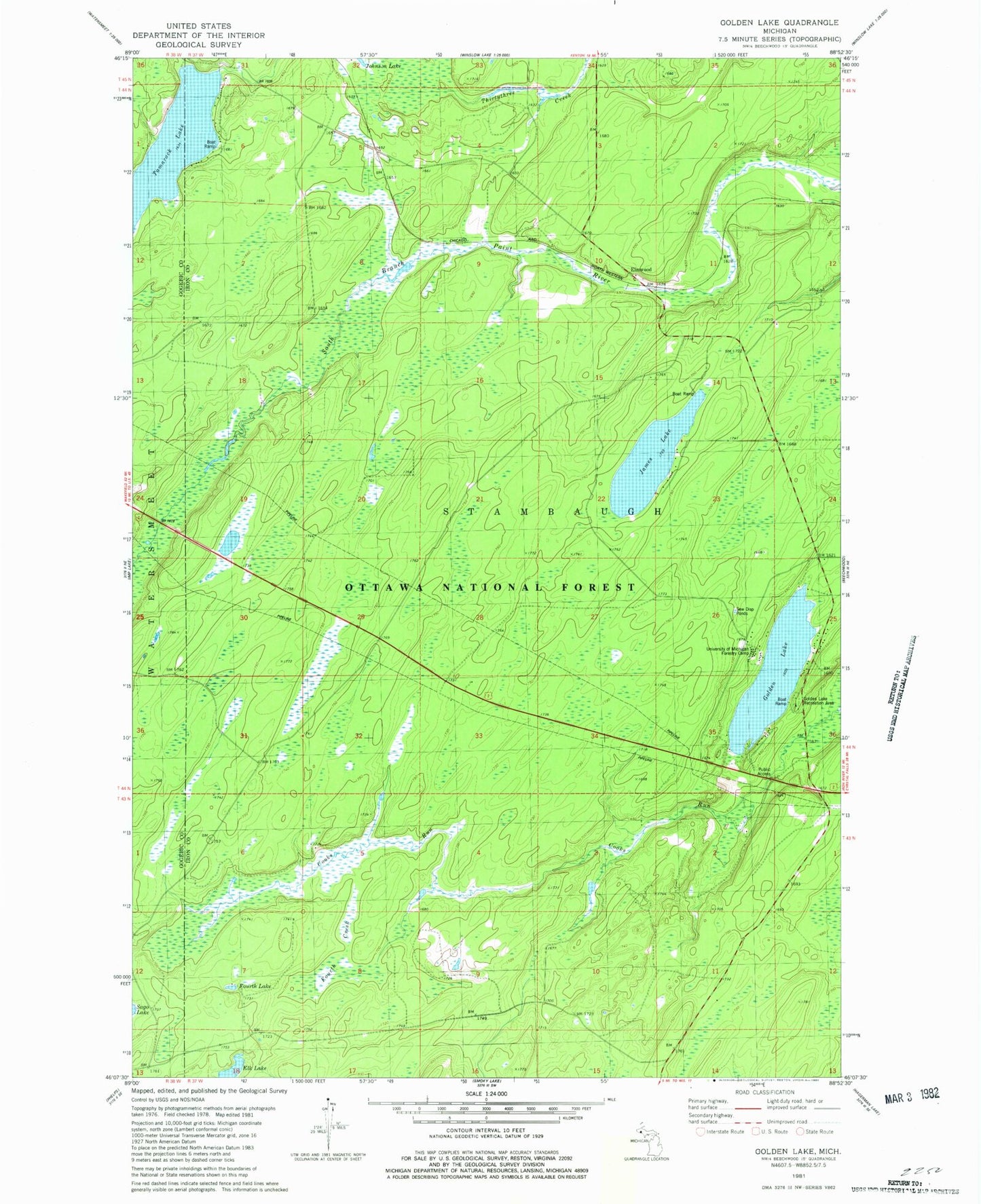 Classic USGS Golden Lake Michigan 7.5'x7.5' Topo Map Image