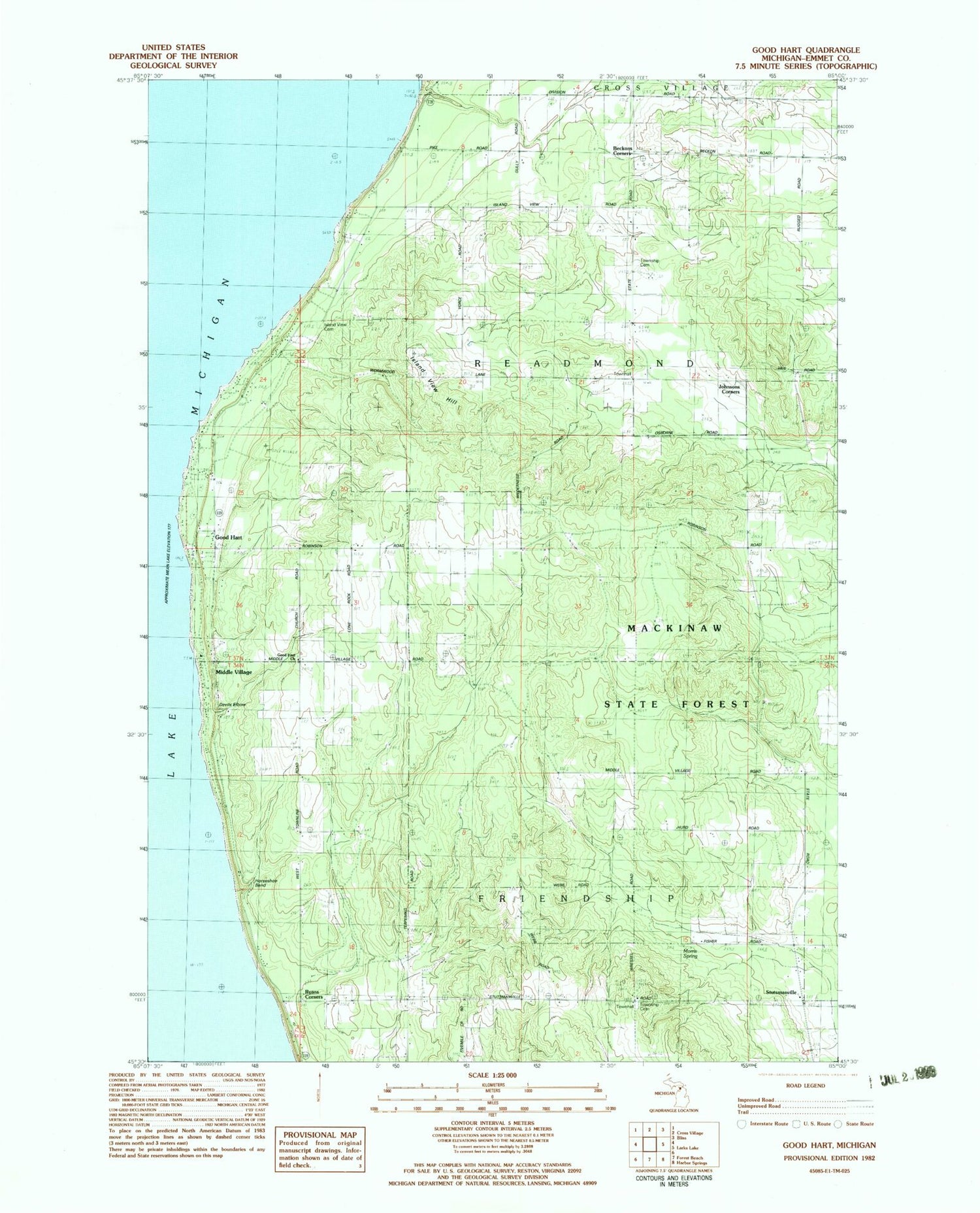 Classic USGS Good Hart Michigan 7.5'x7.5' Topo Map Image
