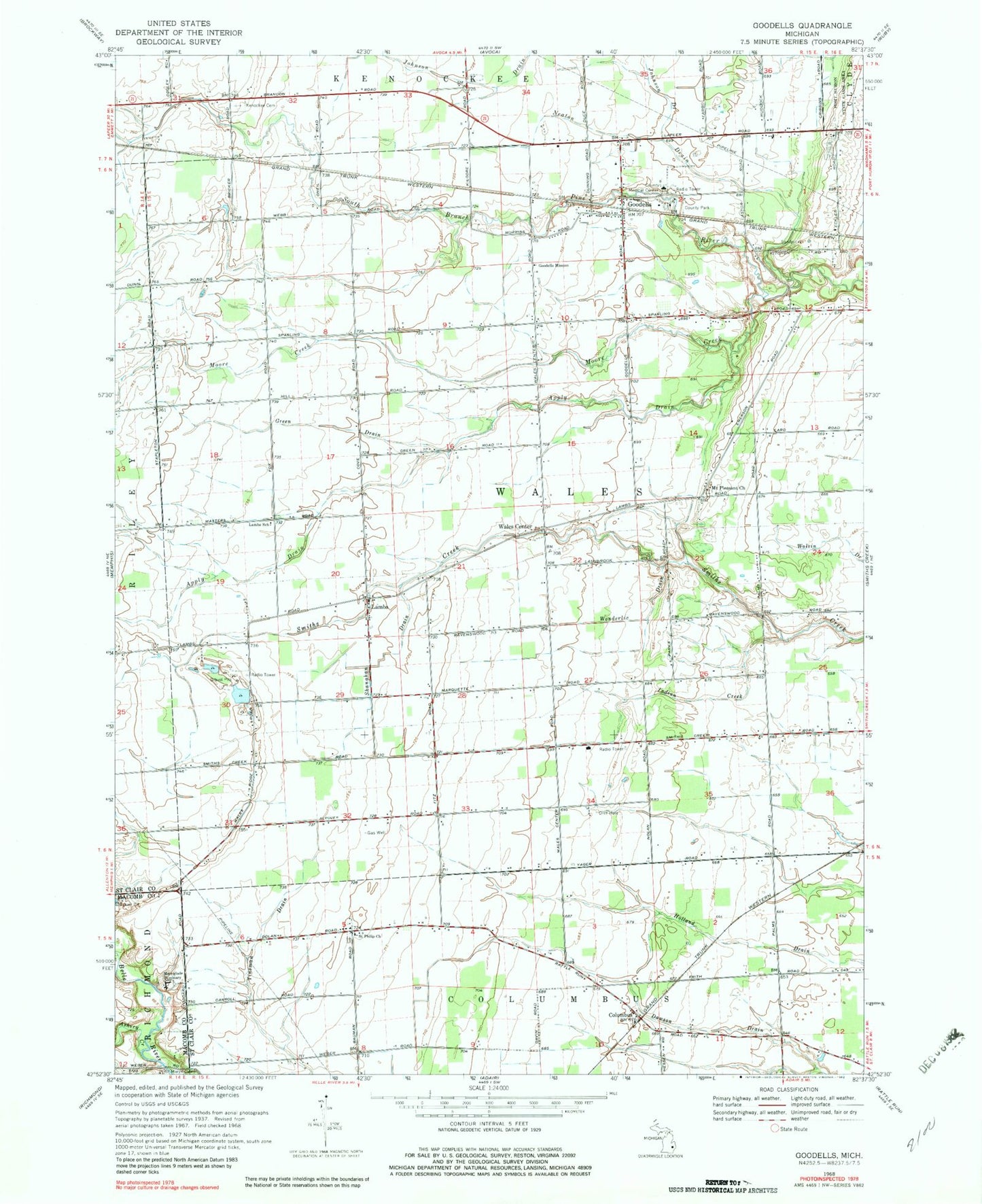 Classic USGS Goodells Michigan 7.5'x7.5' Topo Map Image