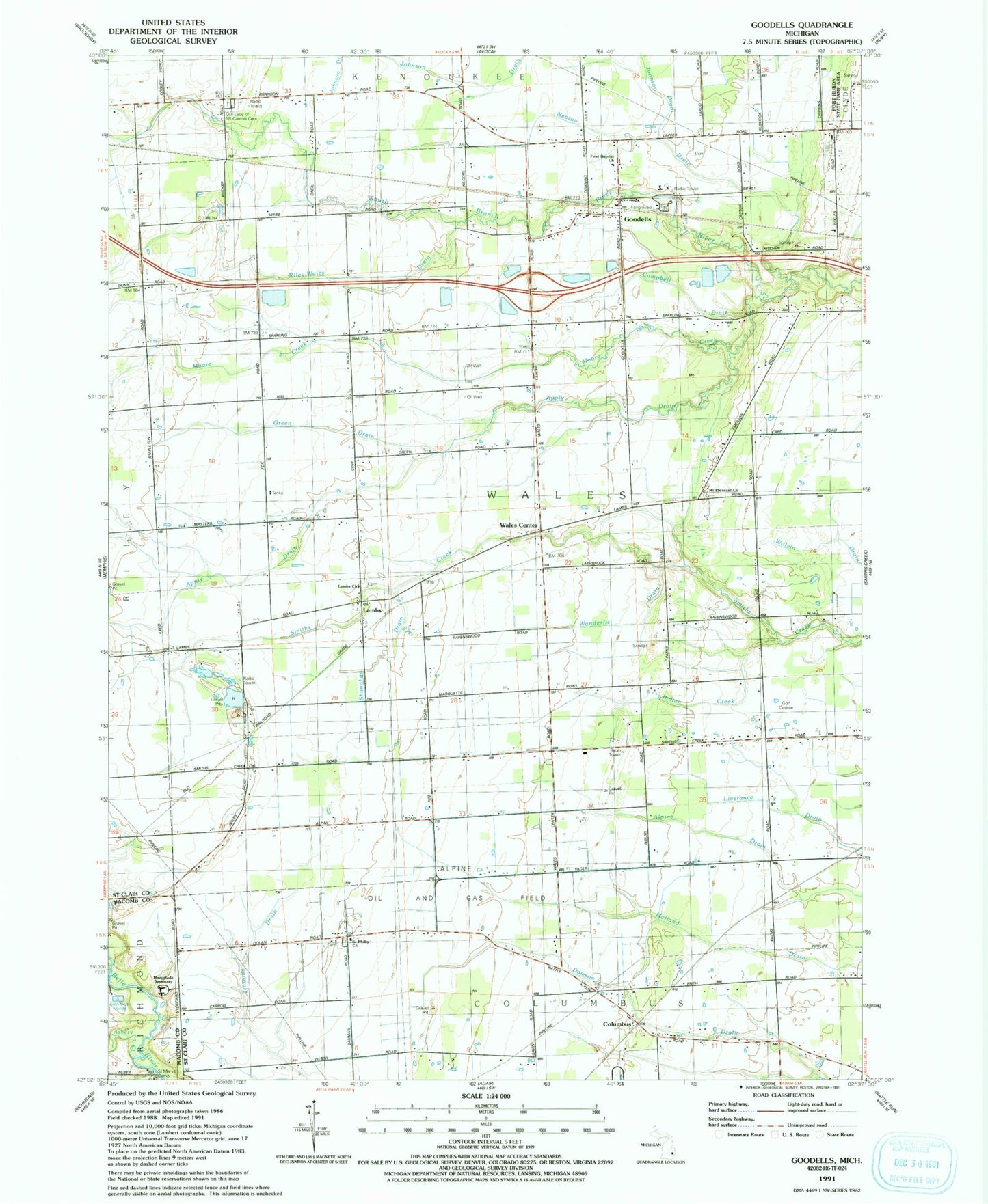 Classic USGS Goodells Michigan 7.5'x7.5' Topo Map Image