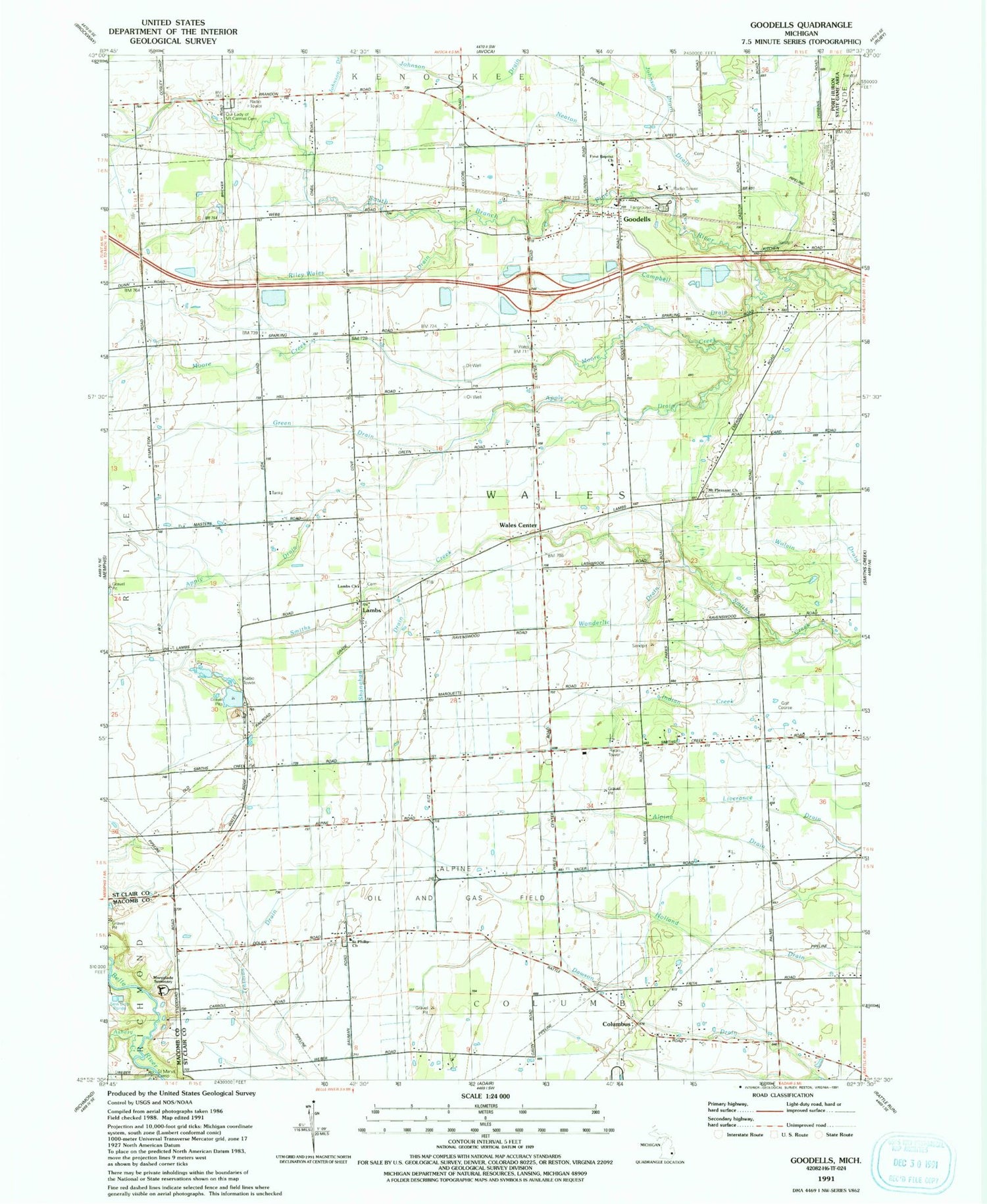 Classic USGS Goodells Michigan 7.5'x7.5' Topo Map Image