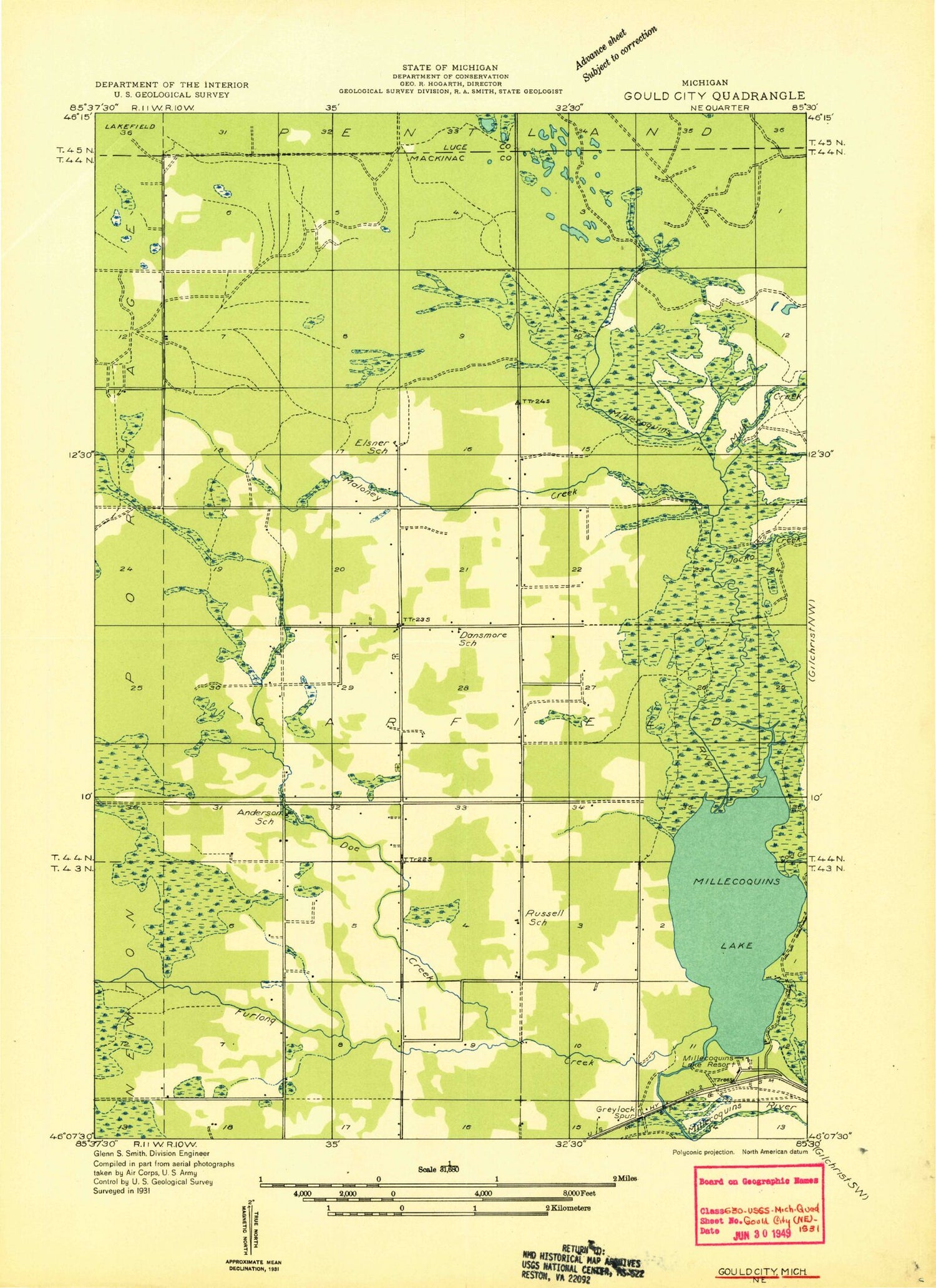 Classic USGS Millecoquins Michigan 7.5'x7.5' Topo Map Image