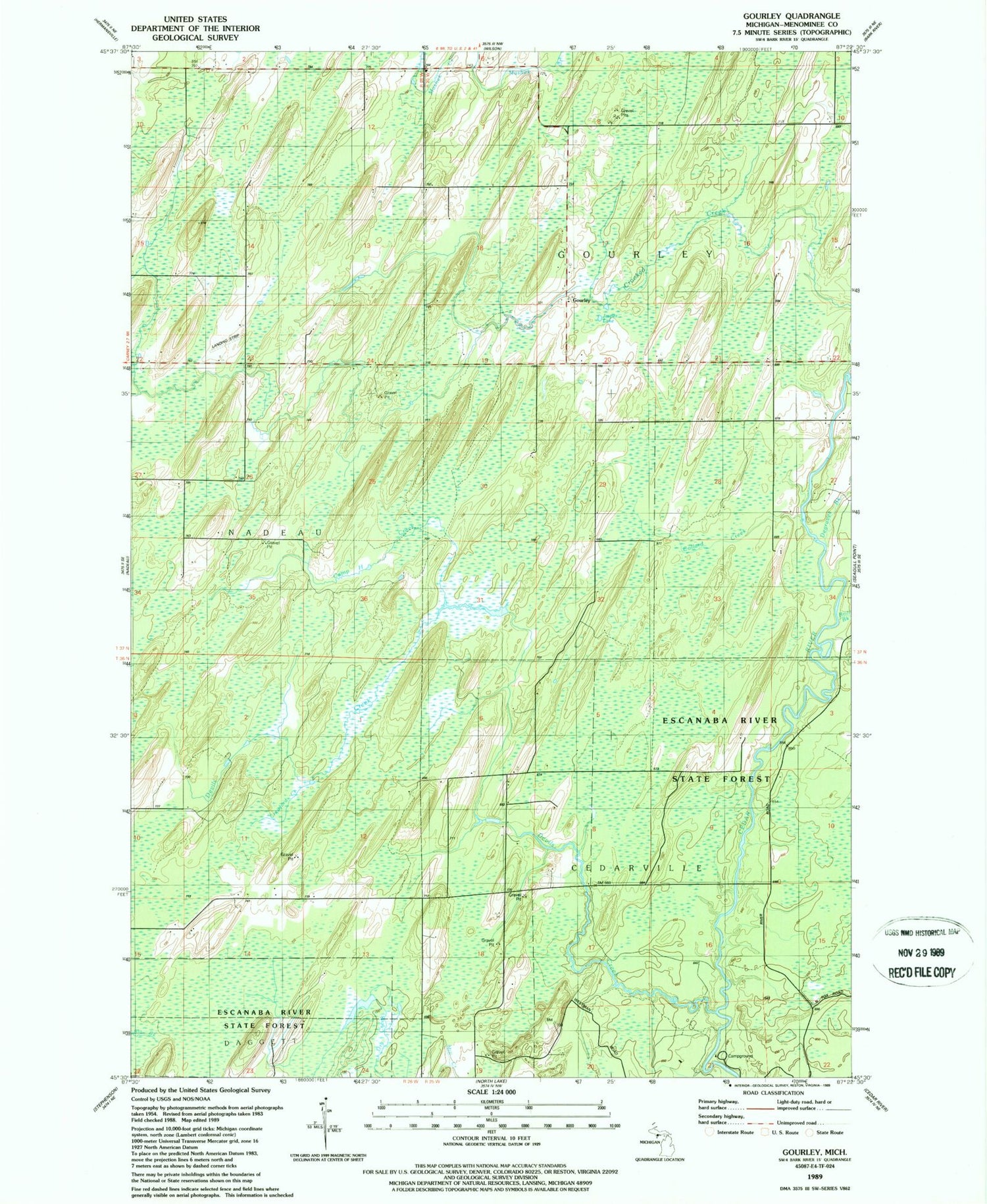 Classic USGS Gourley Michigan 7.5'x7.5' Topo Map Image