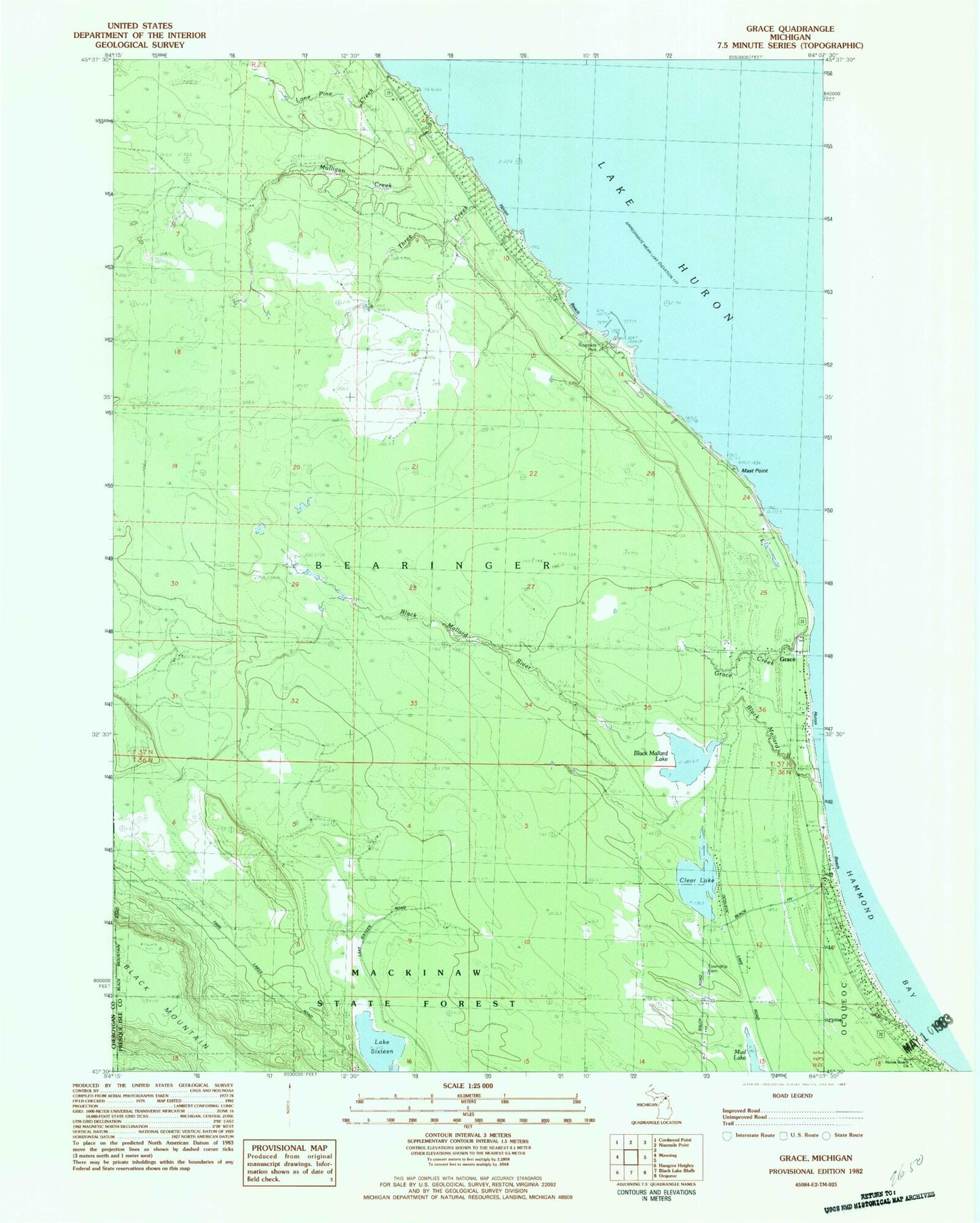 Classic USGS Grace Michigan 7.5'x7.5' Topo Map Image