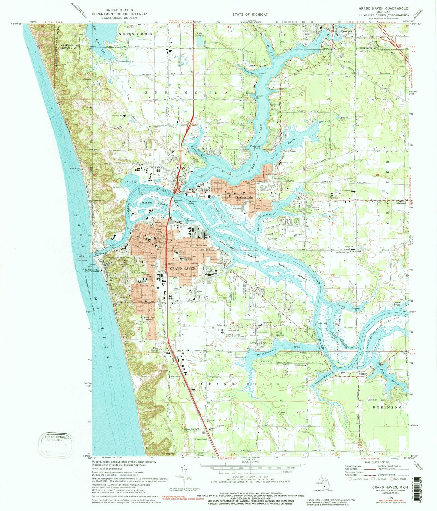 Classic USGS Grand Haven Michigan 7.5'x7.5' Topo Map Image