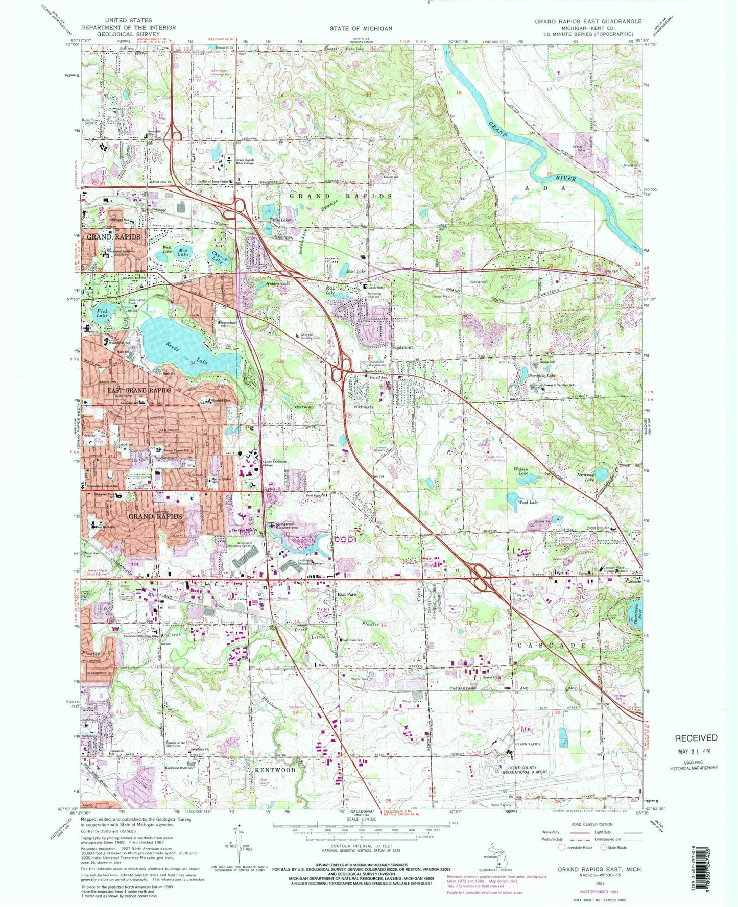 Classic USGS Grand Rapids East Michigan 7.5'x7.5' Topo Map Image