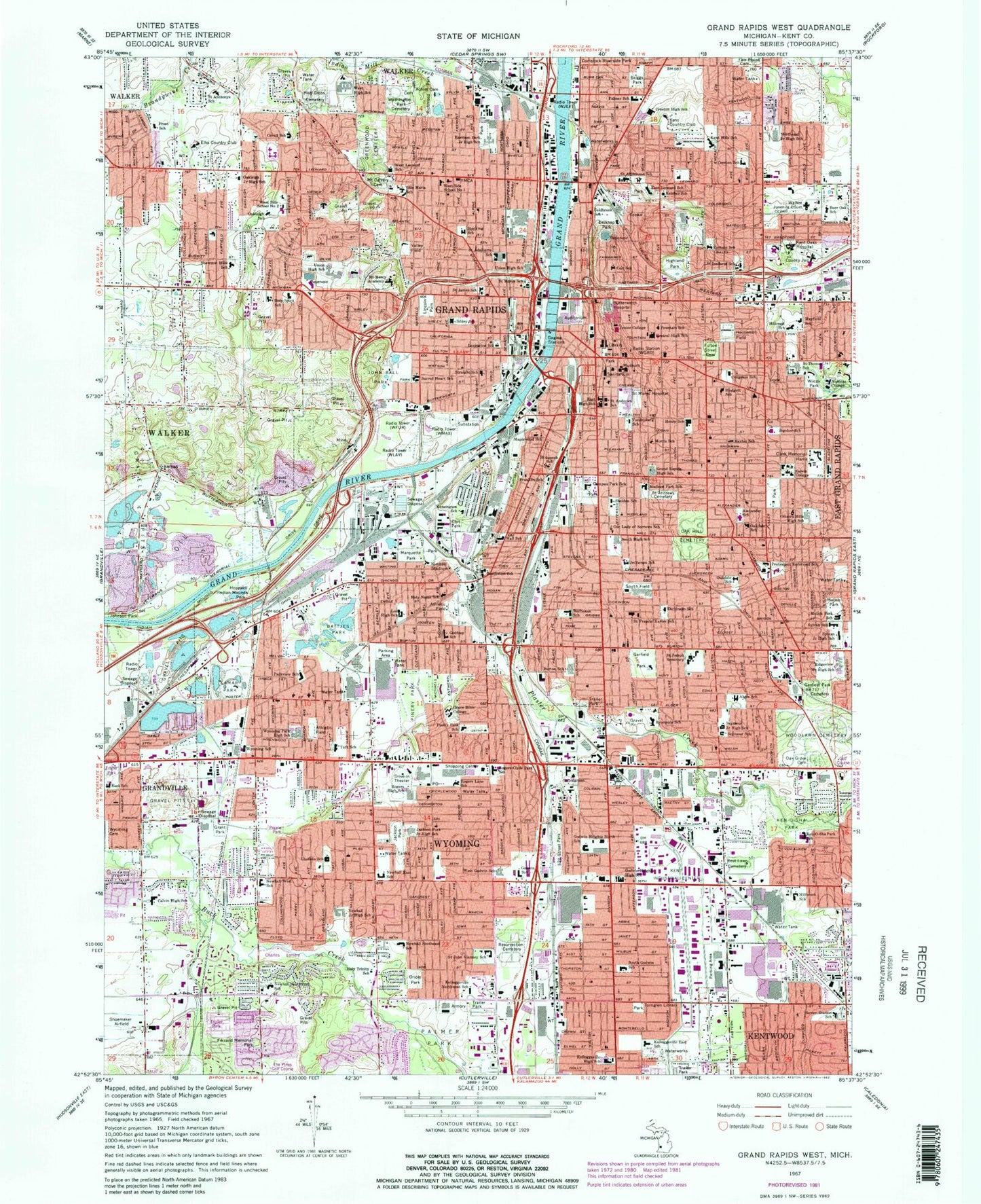 Classic USGS Grand Rapids West Michigan 7.5'x7.5' Topo Map Image
