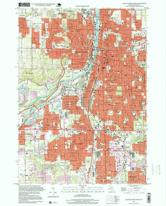 Classic USGS Grand Rapids West Michigan 7.5'x7.5' Topo Map Image