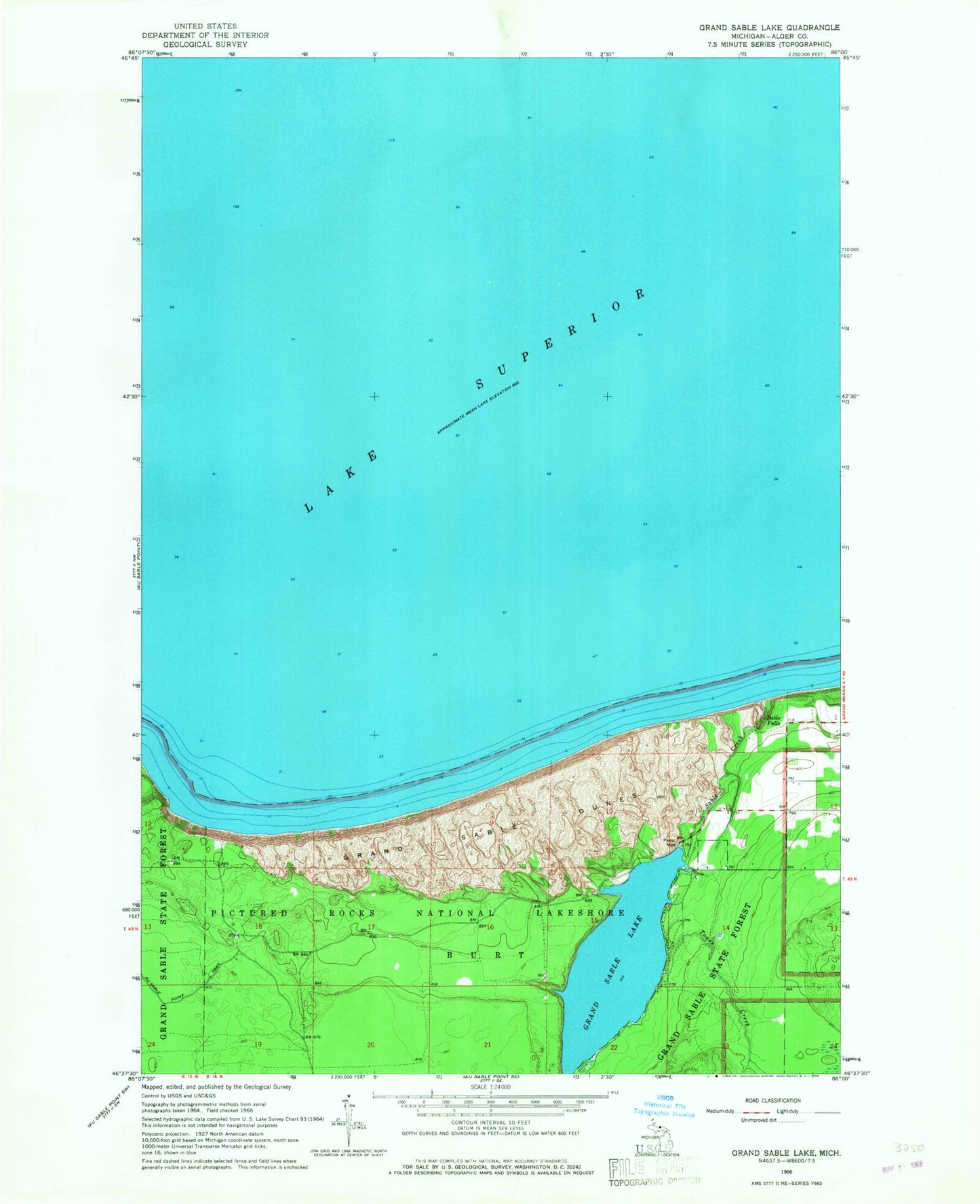 Classic USGS Grand Sable Lake Michigan 7.5'x7.5' Topo Map Image