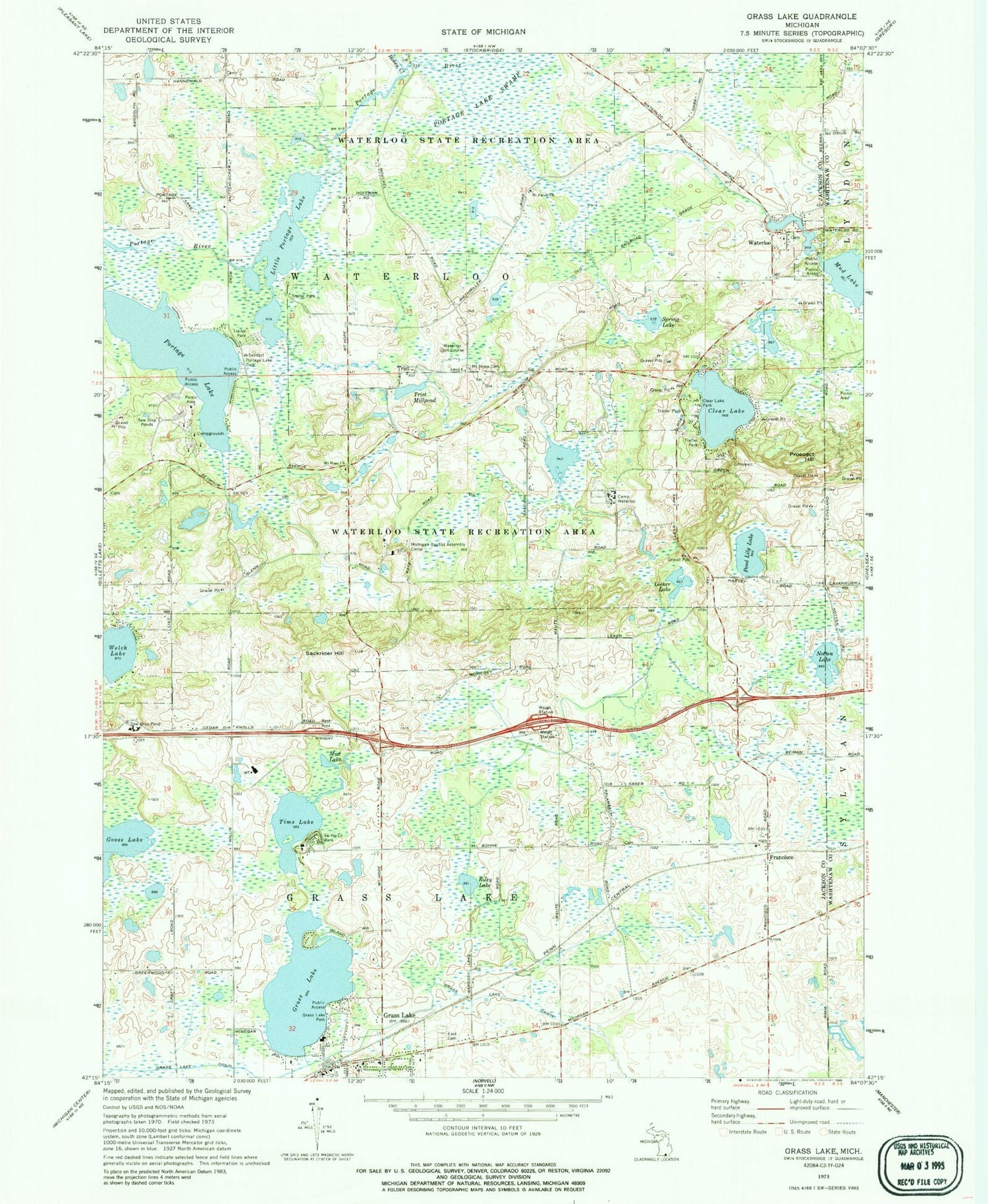 Classic USGS Grass Lake Michigan 7.5'x7.5' Topo Map Image